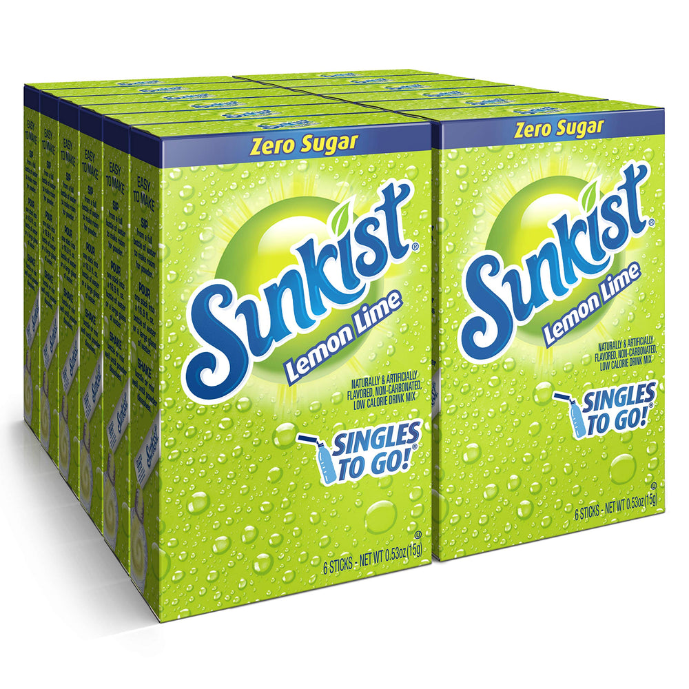 SINGLES TO GO! Sunkist front packaging showing 72 Lemon Lime packets and convenience