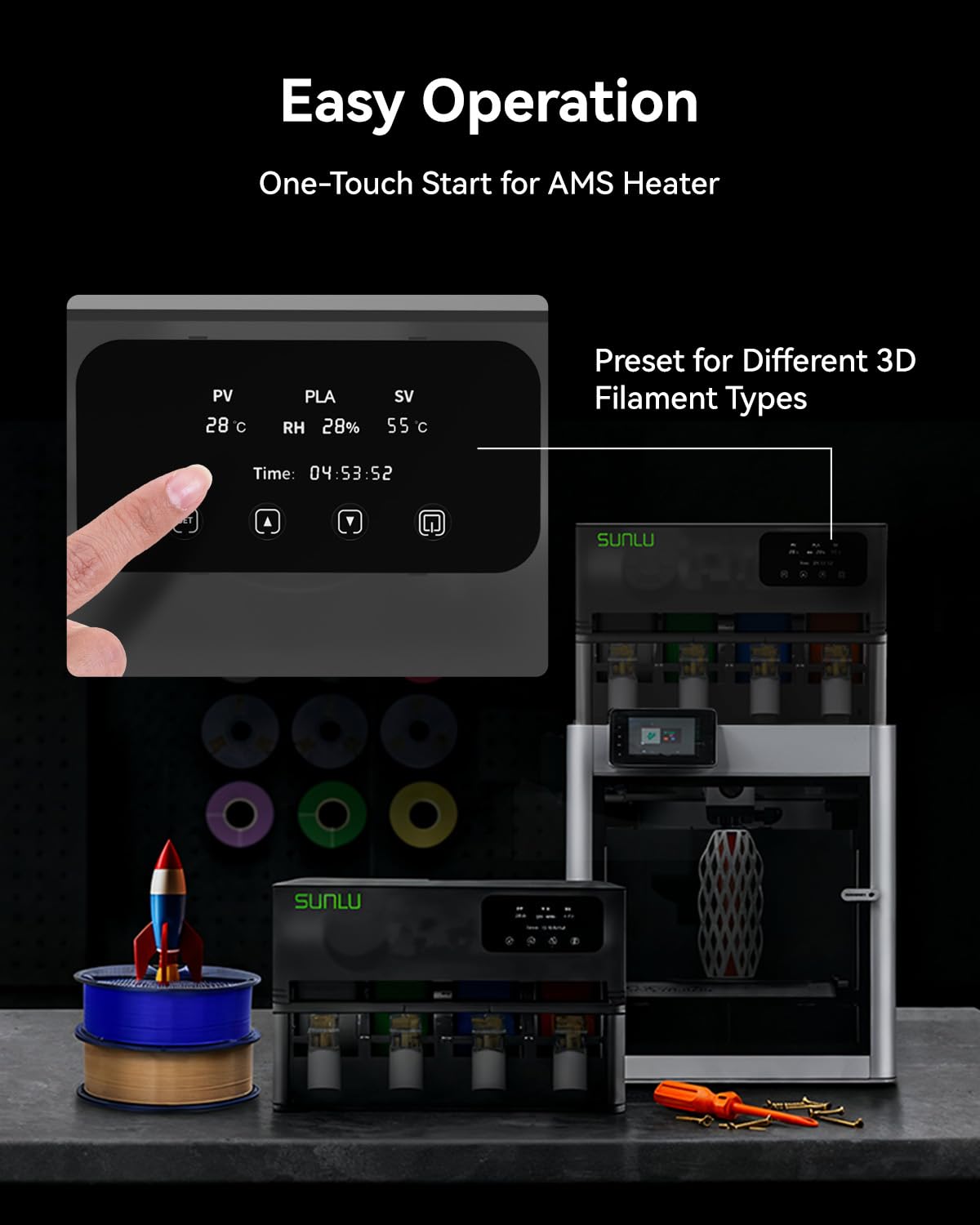SUNLU AMS Heater temperature readout in use showing rapid warm-up to 70°C for drying
