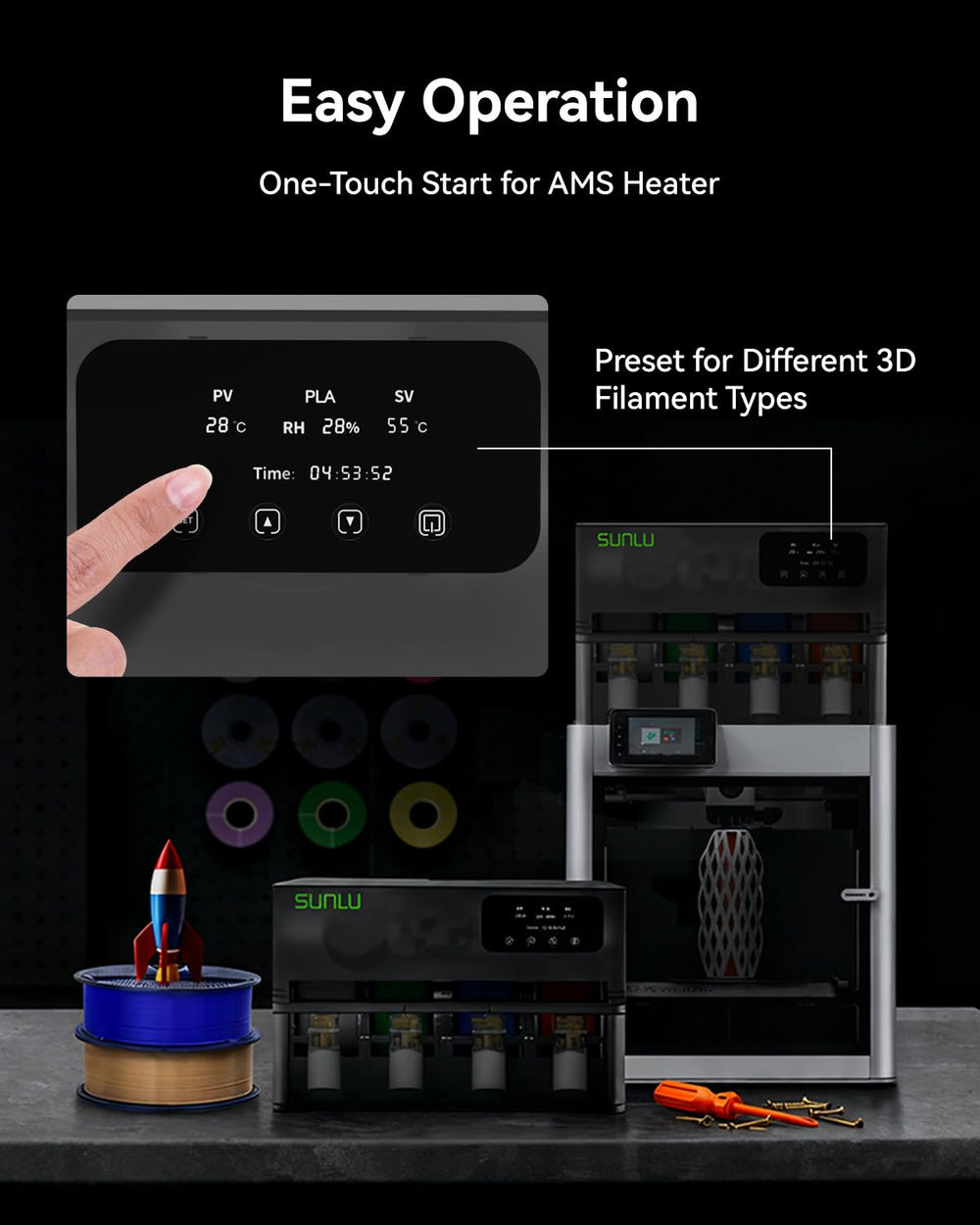 SUNLU AMS Heater temperature readout in use showing rapid warm-up to 70°C for drying