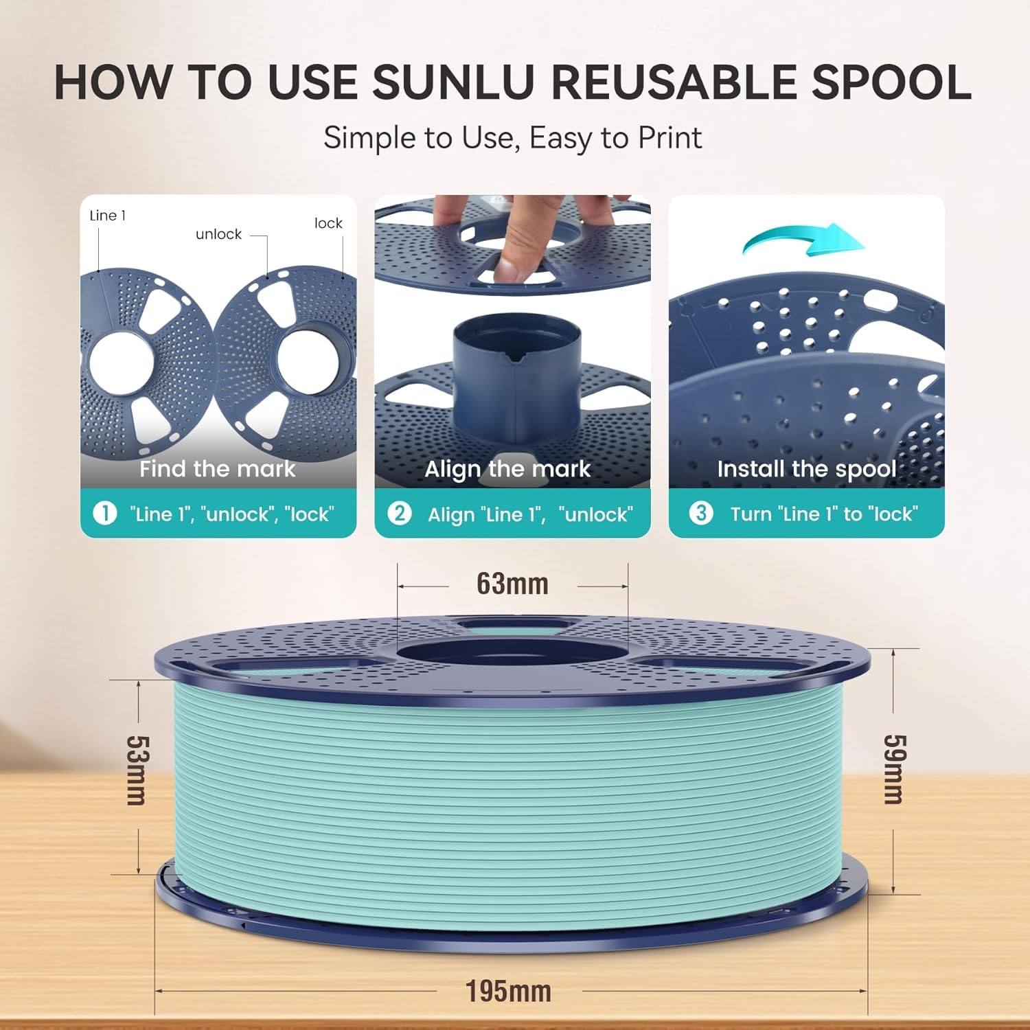 SUNLU spool side with label visible, showing spool dimensions for printer compatibility
