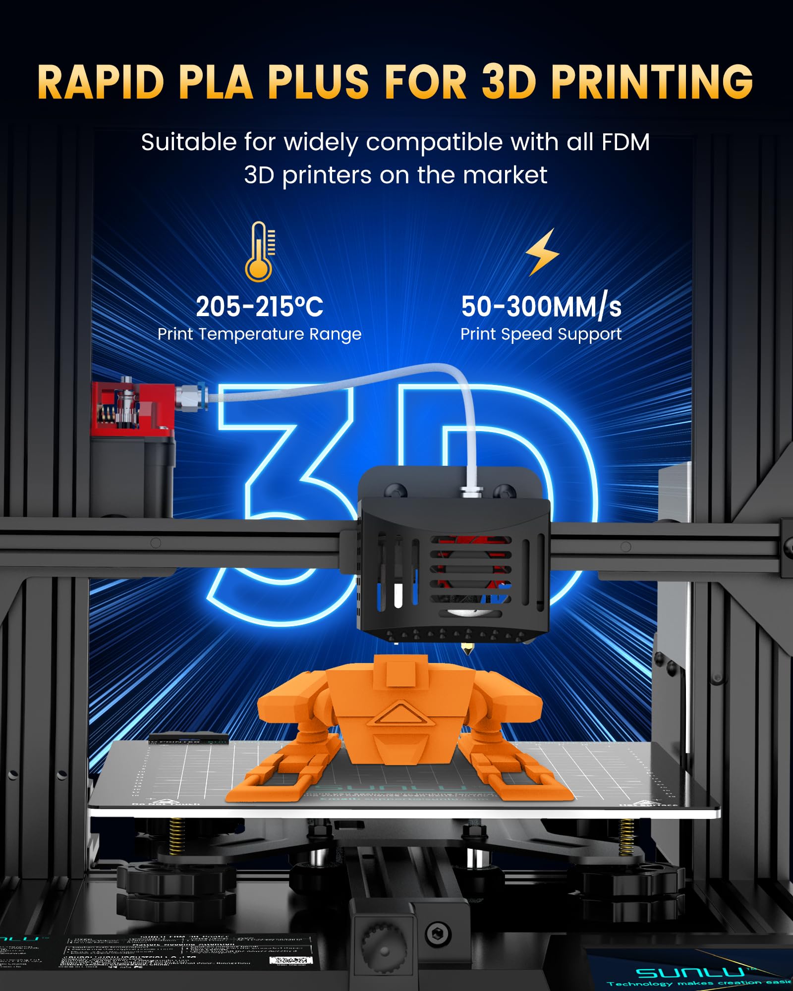 SUNLU filament feeding through printer nozzle demonstrating smooth high-speed extrusion