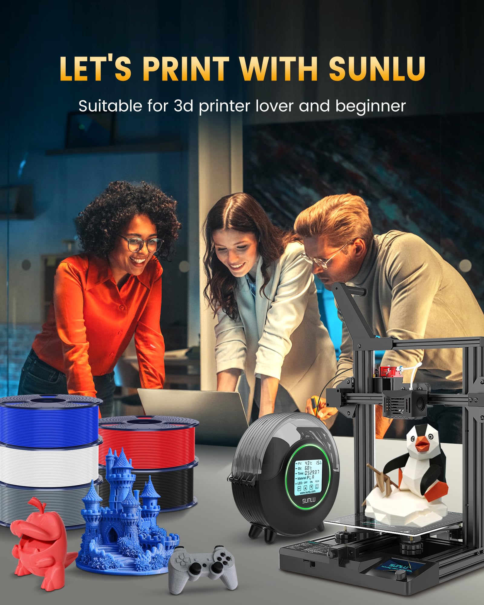 SUNLU reusable spool highlighting hub hole and reduced waste benefits