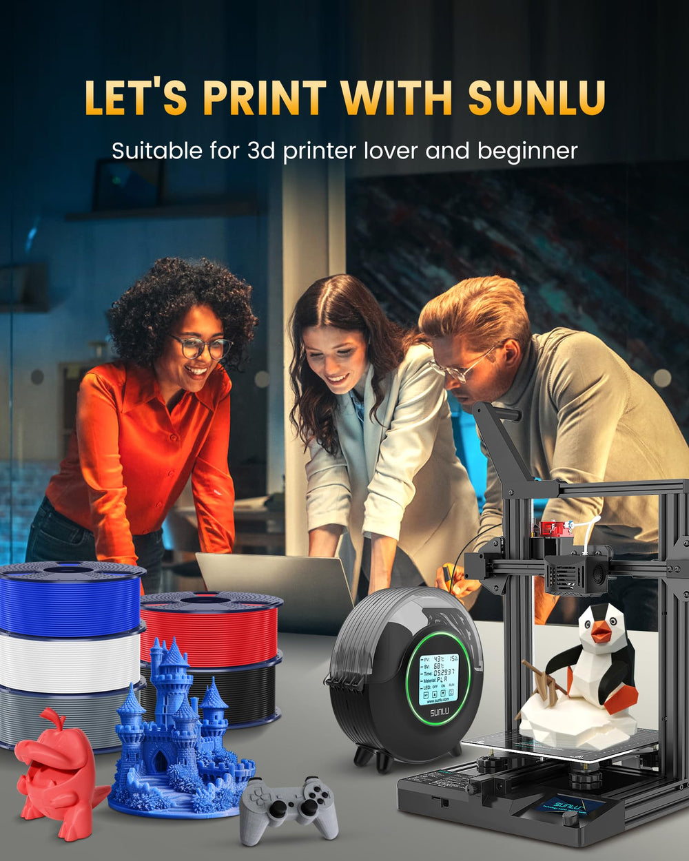 SUNLU reusable spool highlighting hub hole and reduced waste benefits