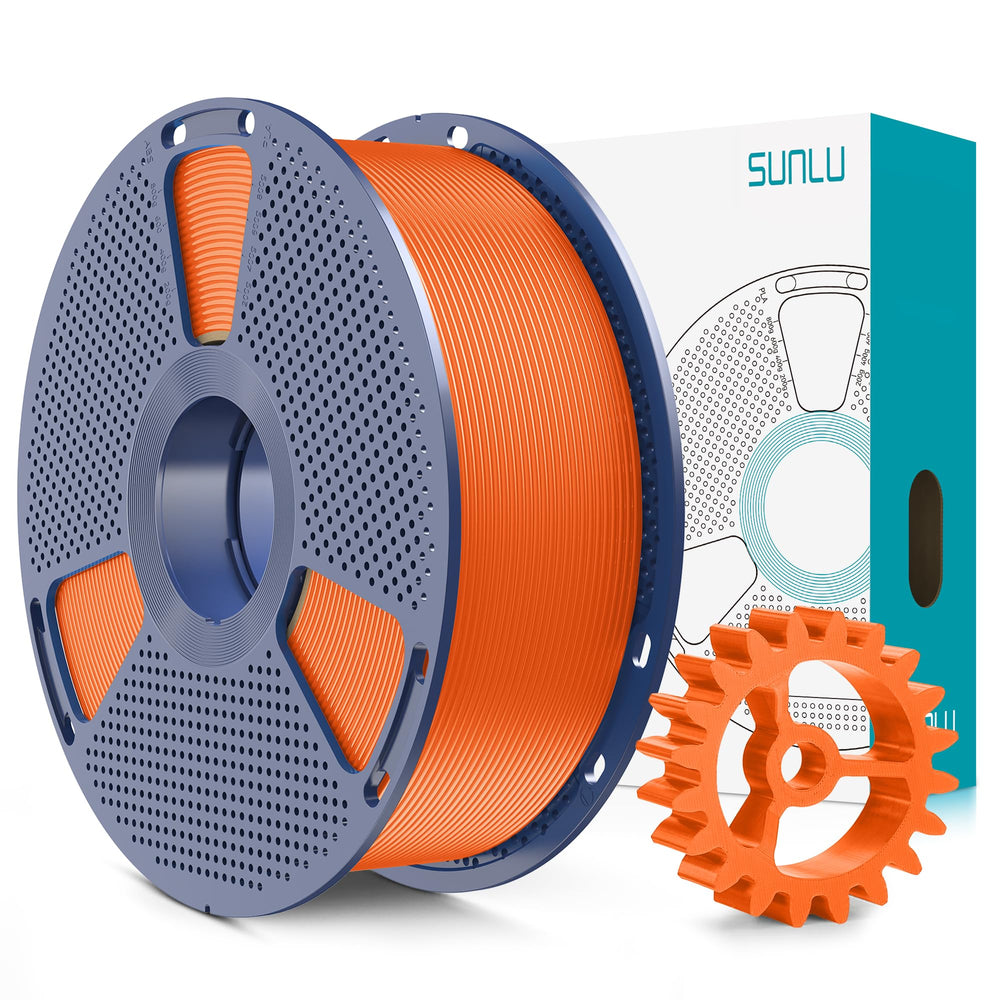 SUNLU spool front view showing sunny orange filament and clear branding for easy identification