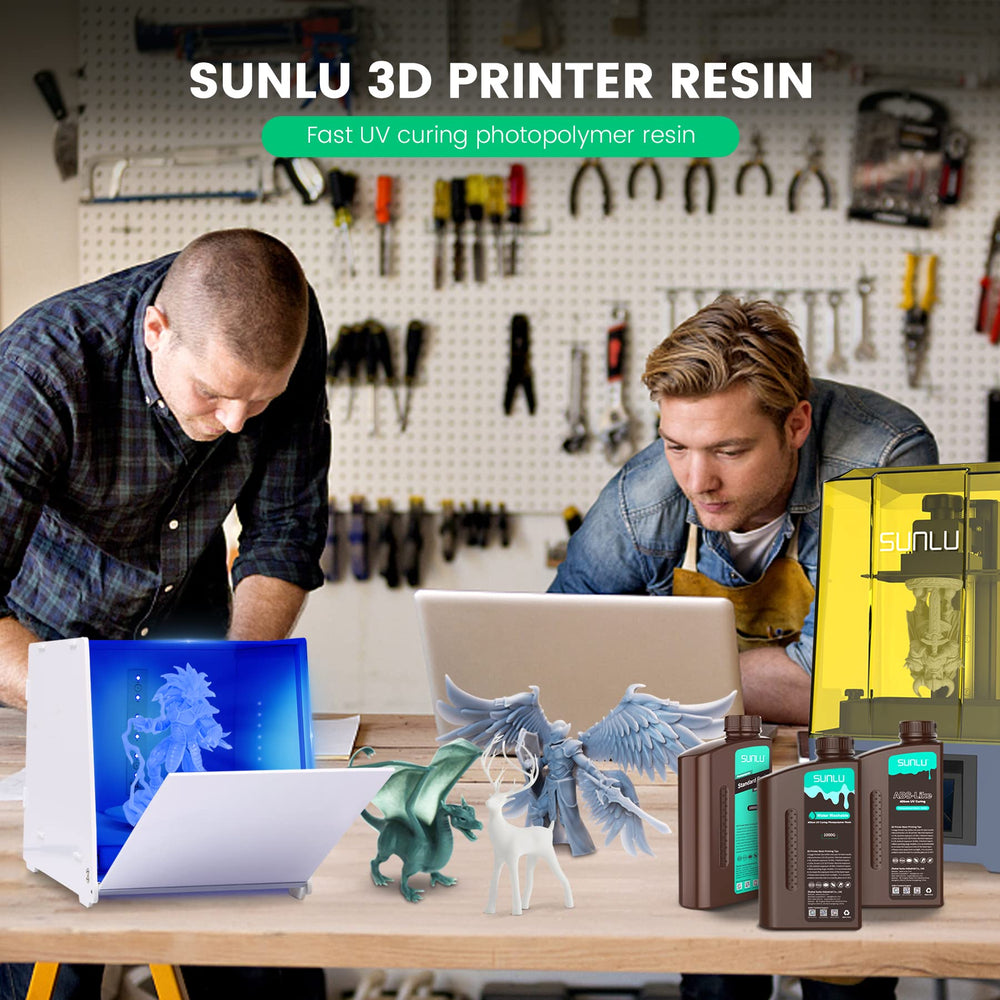SUNLU resin on workbench lifestyle shot showing finished parts ready for display