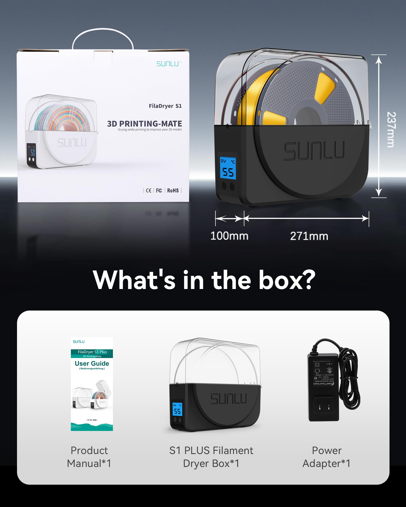SUNLU S1 Plus packaging with manual and accessories for quick setup benefit