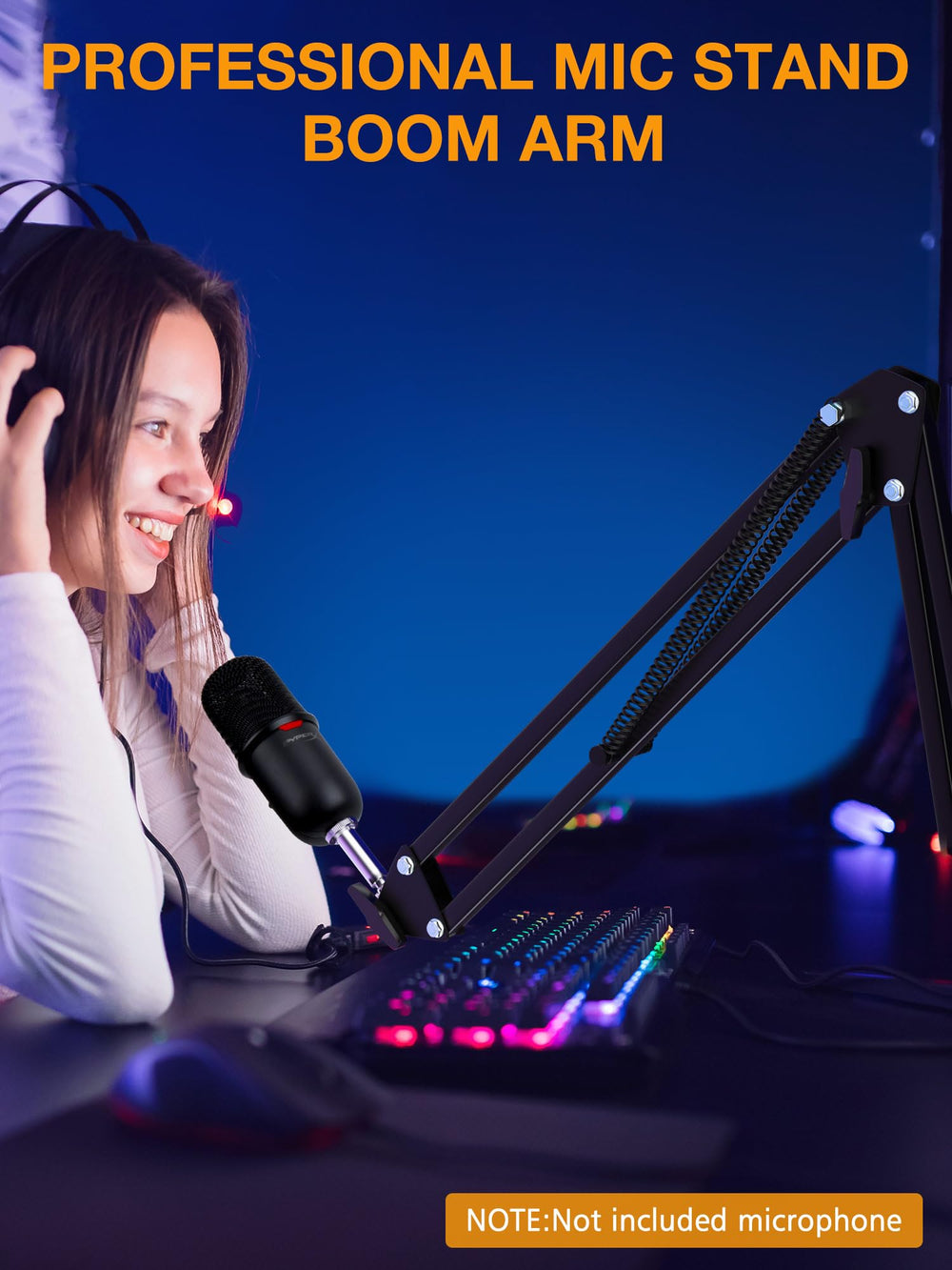 SUNMON boom arm in streamer setup freeing desk space and improving ergonomics