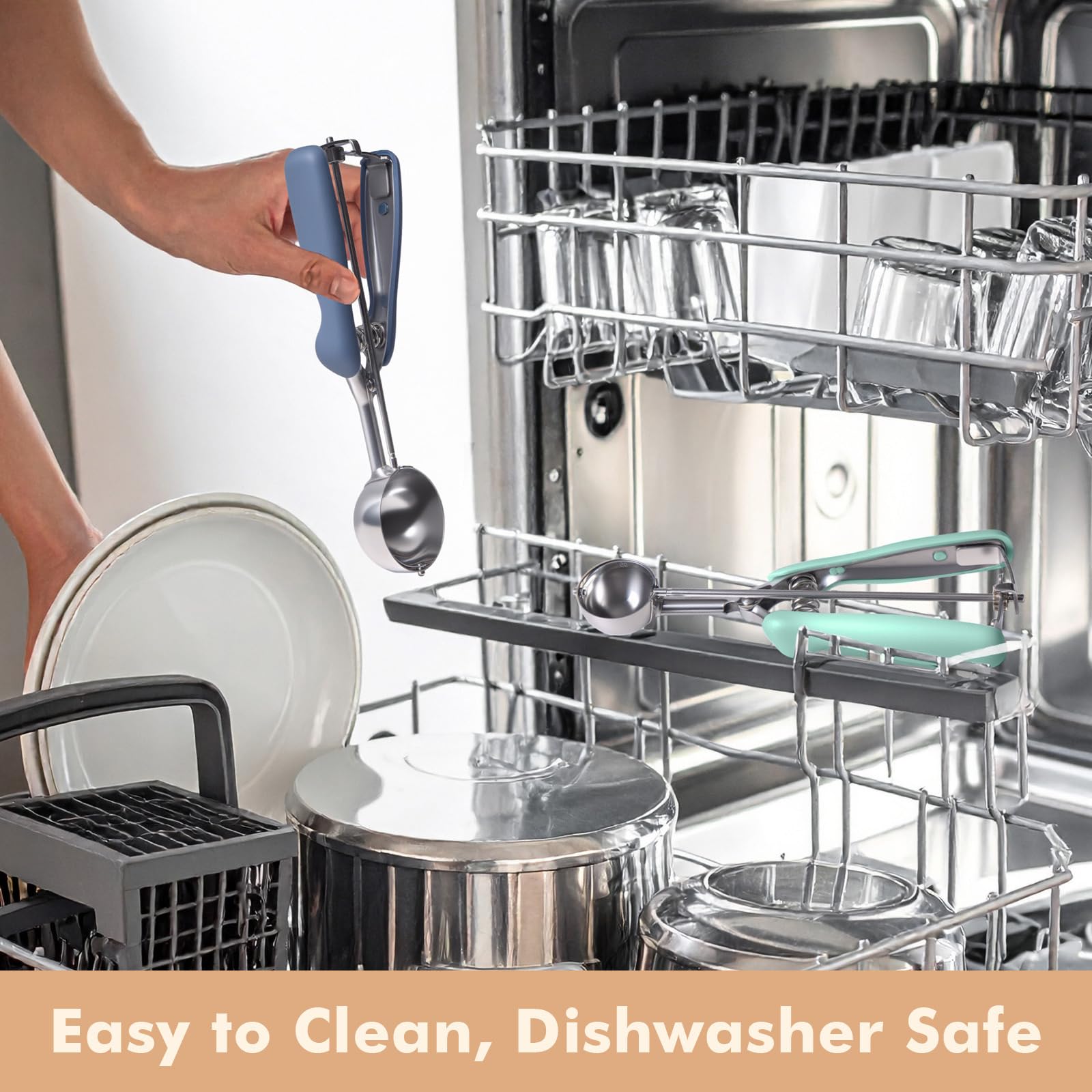 SUNNORN scoops in dishwasher rack demonstrating easy cleanup and time-saving washability