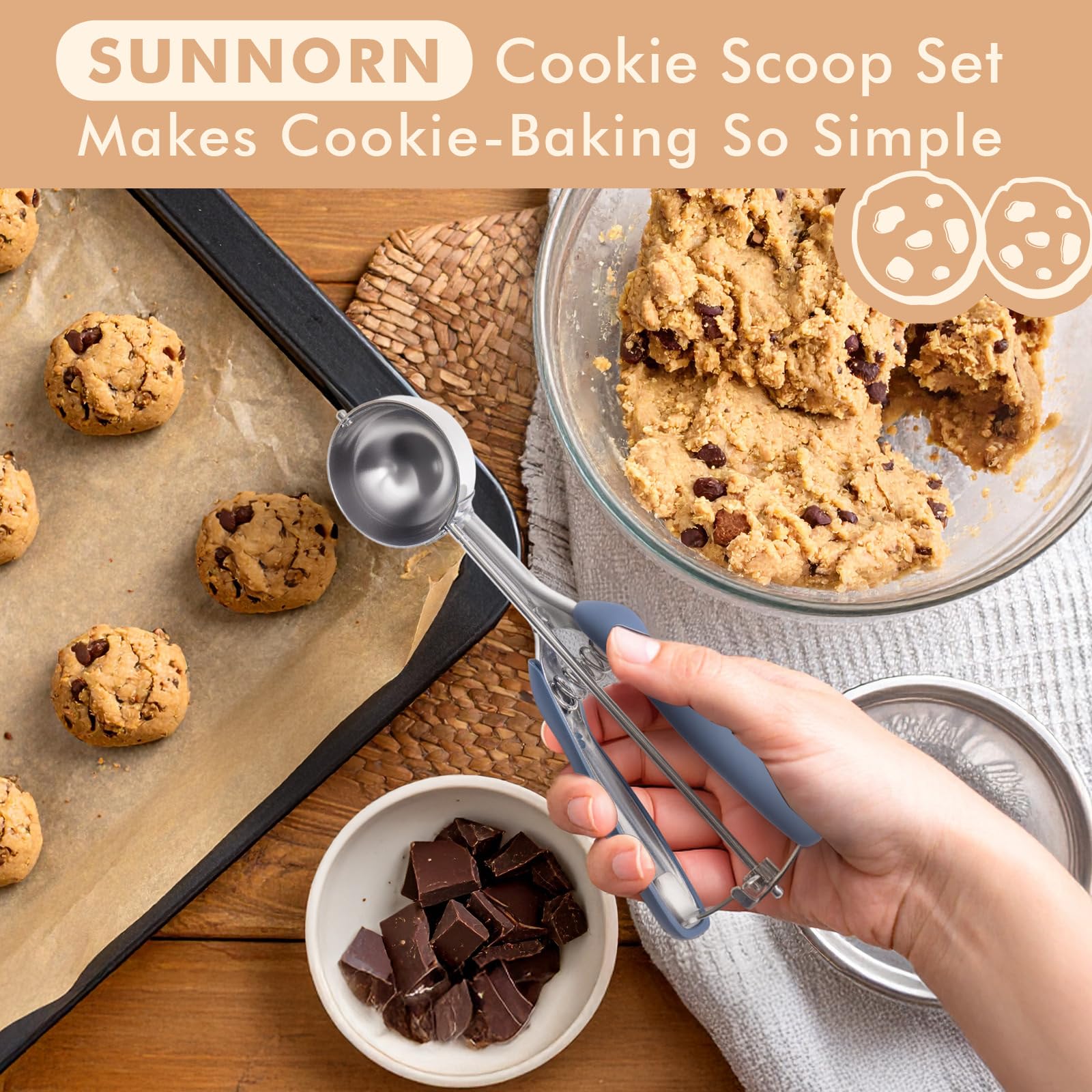 SUNNORN scoop releasing cookie dough onto tray for uniform cookies and faster baking