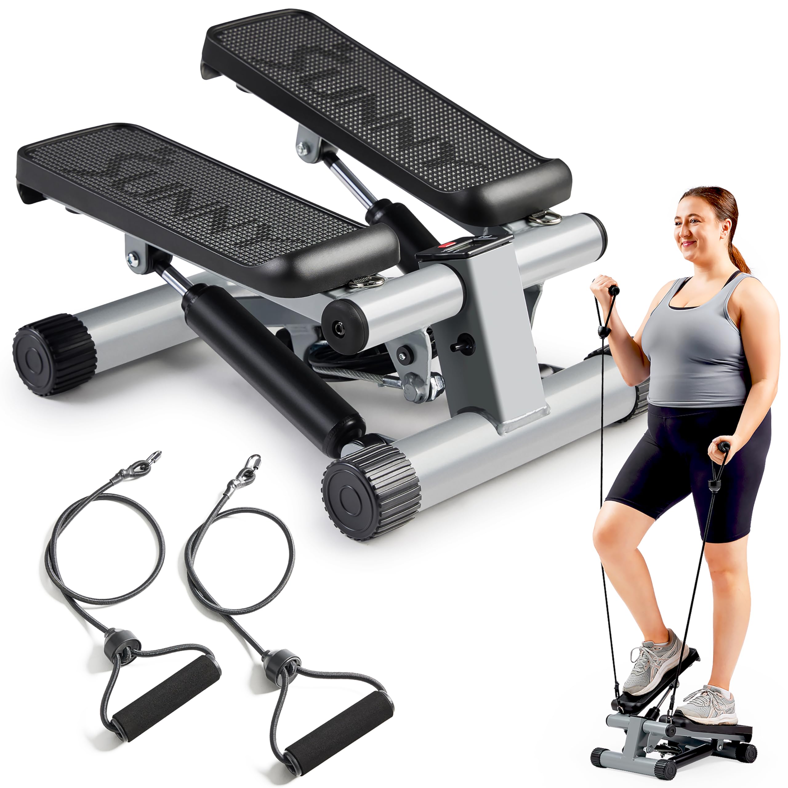 Sunny Health & Fitness front view showing compact stepper and stability benefit