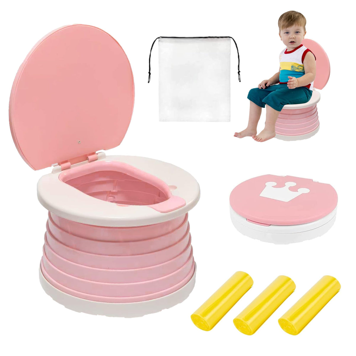 SunnySmile front view of portable potty showing child-sized seat and splash guard for comfort