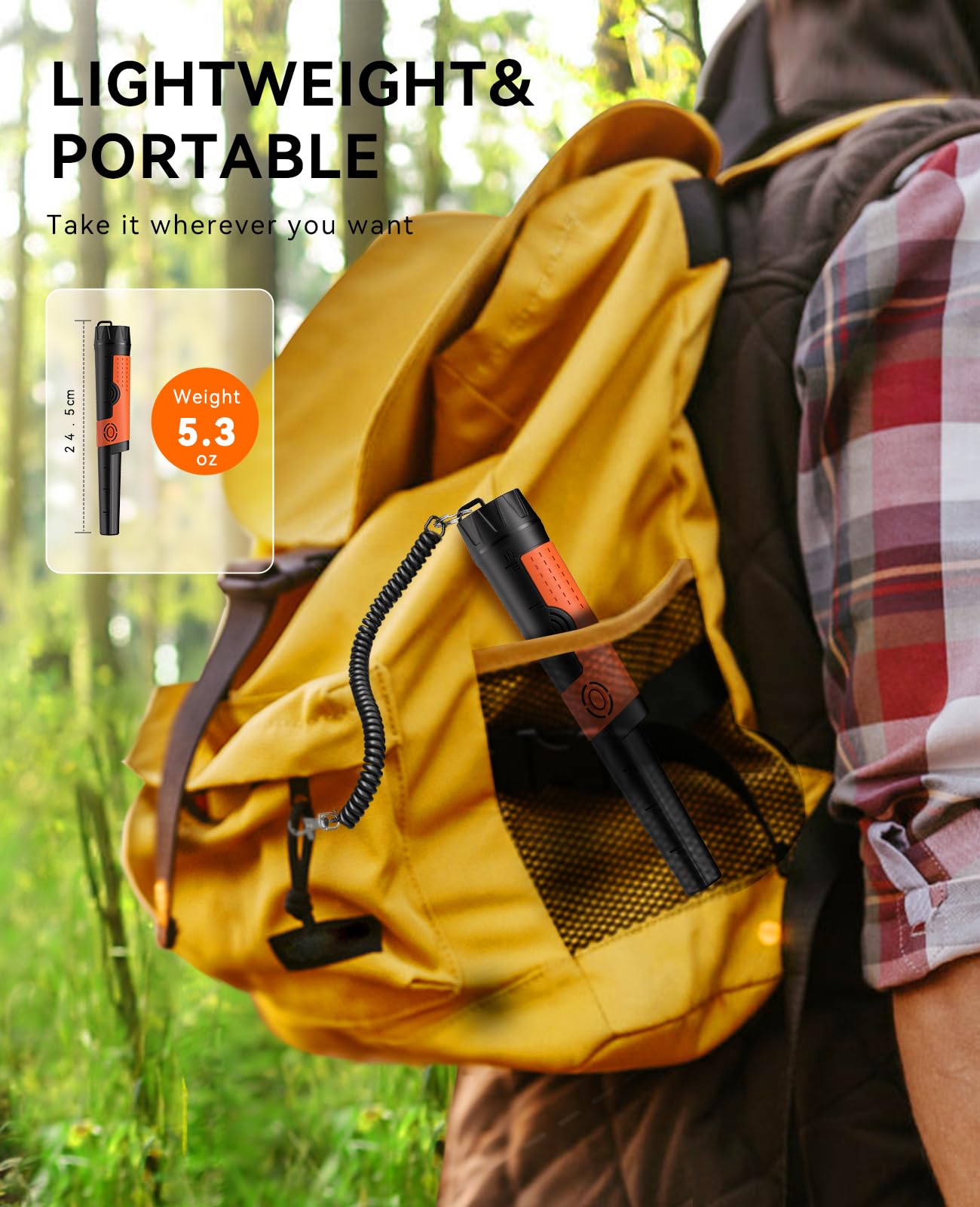 SUNPOW package contents with pinpointer, 9V battery, belt loop, and manual