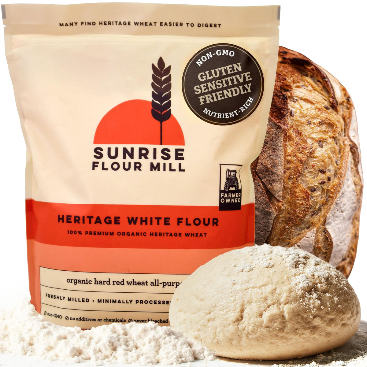 Sunrise Flour Mill front packaging showing organic label and product benefits