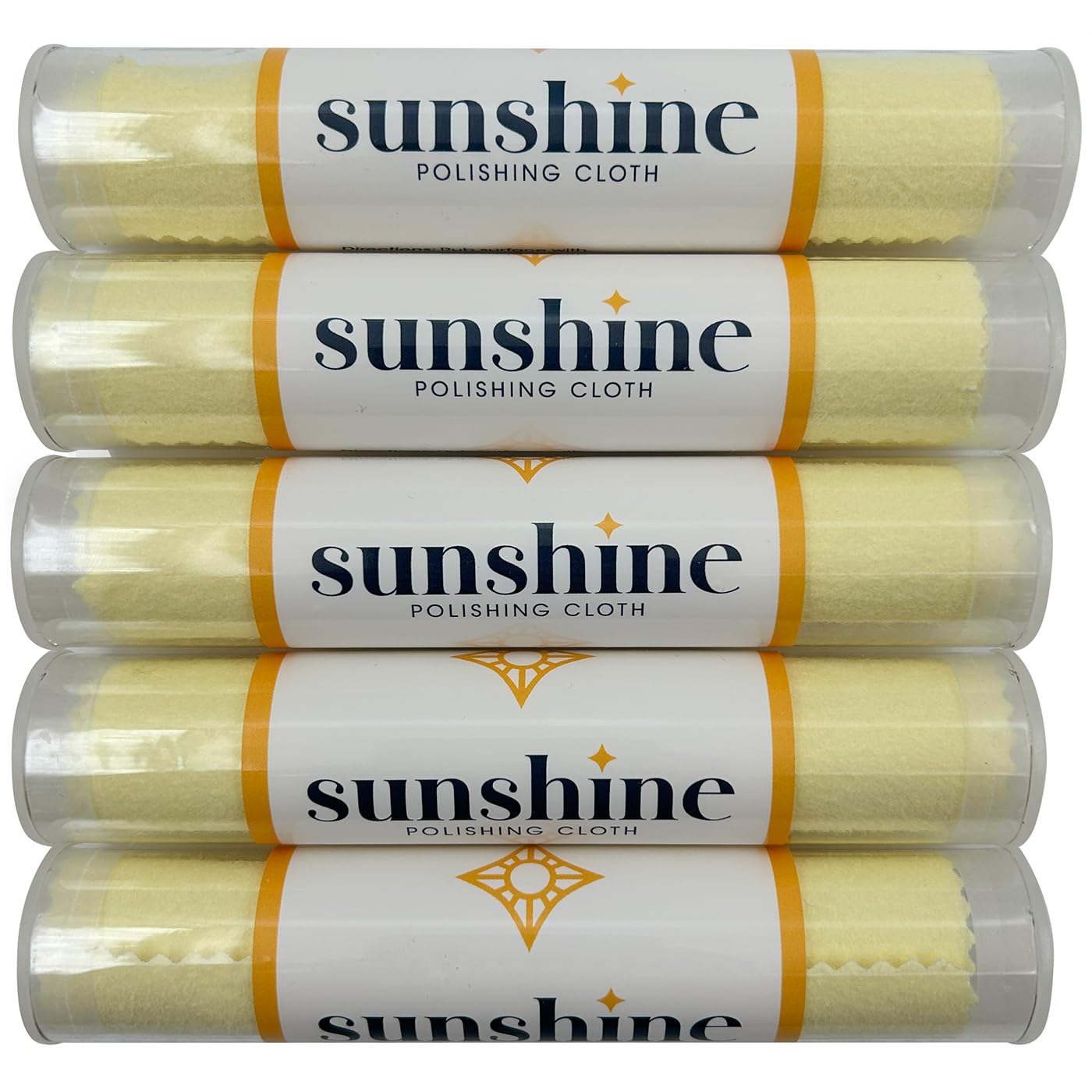 Sunshine front packaging tube showing five individually packed polishing cloths and convenience