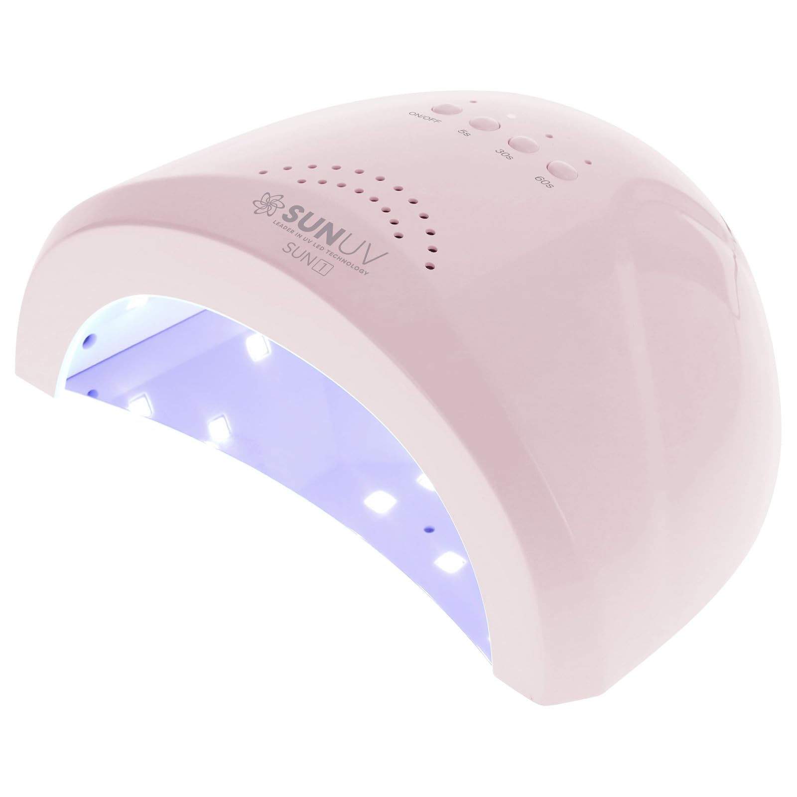 SUNUV SUNone front view showing compact pink housing and wide opening, easy salon setup