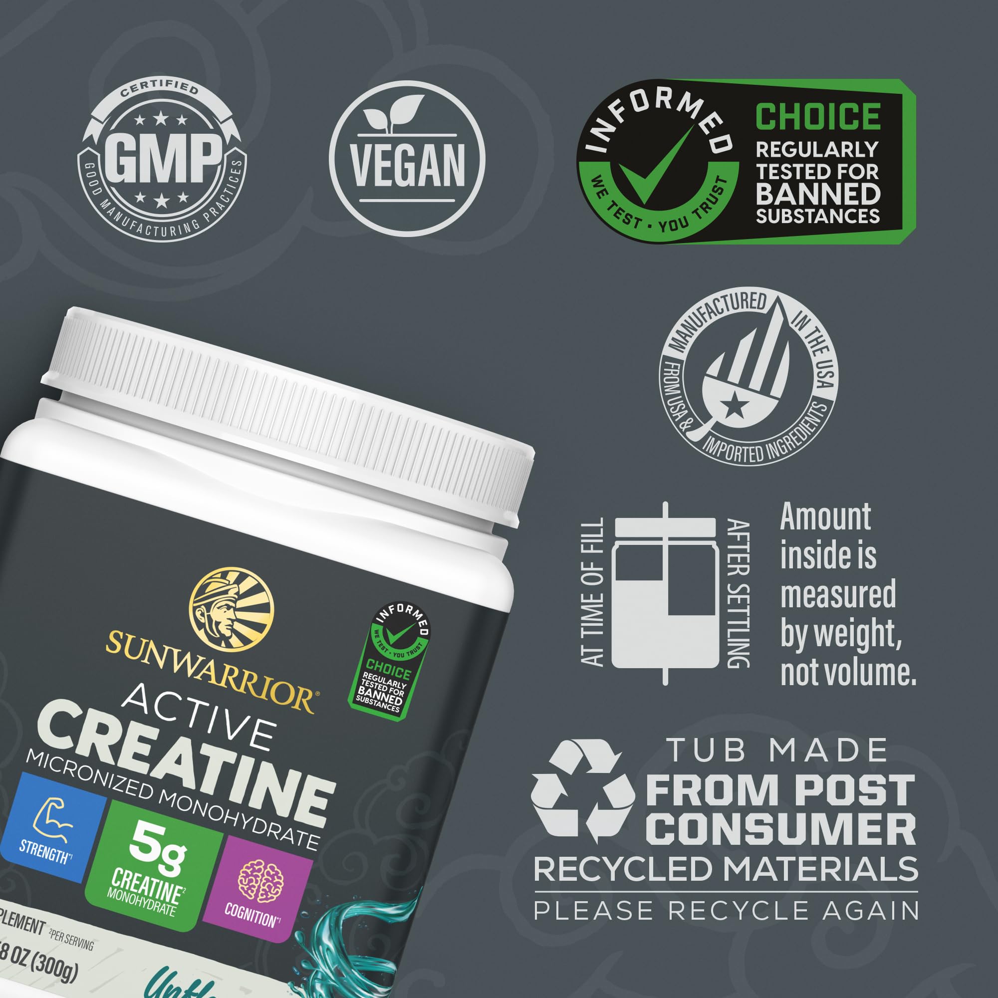 Sunwarrior scoop of creatine on scale illustrating accurate dosing