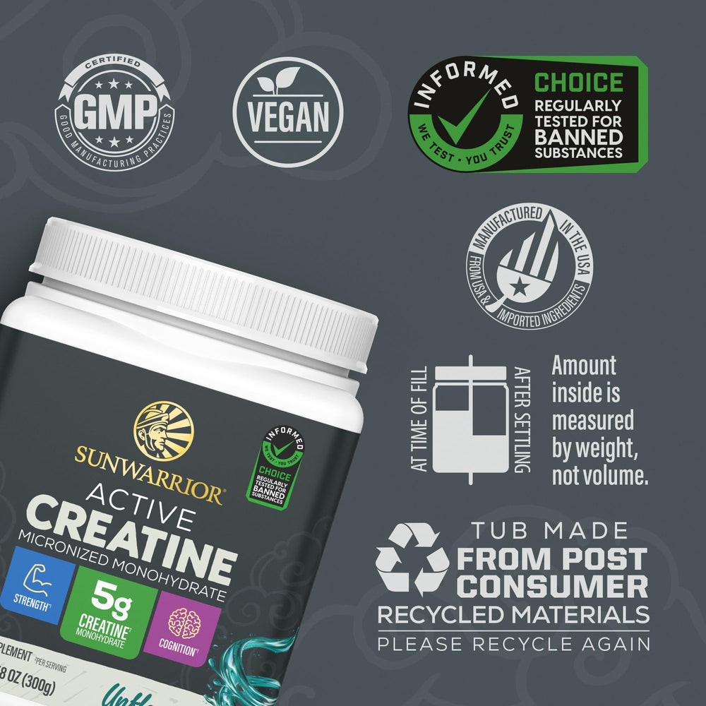 Sunwarrior scoop of creatine on scale illustrating accurate dosing
