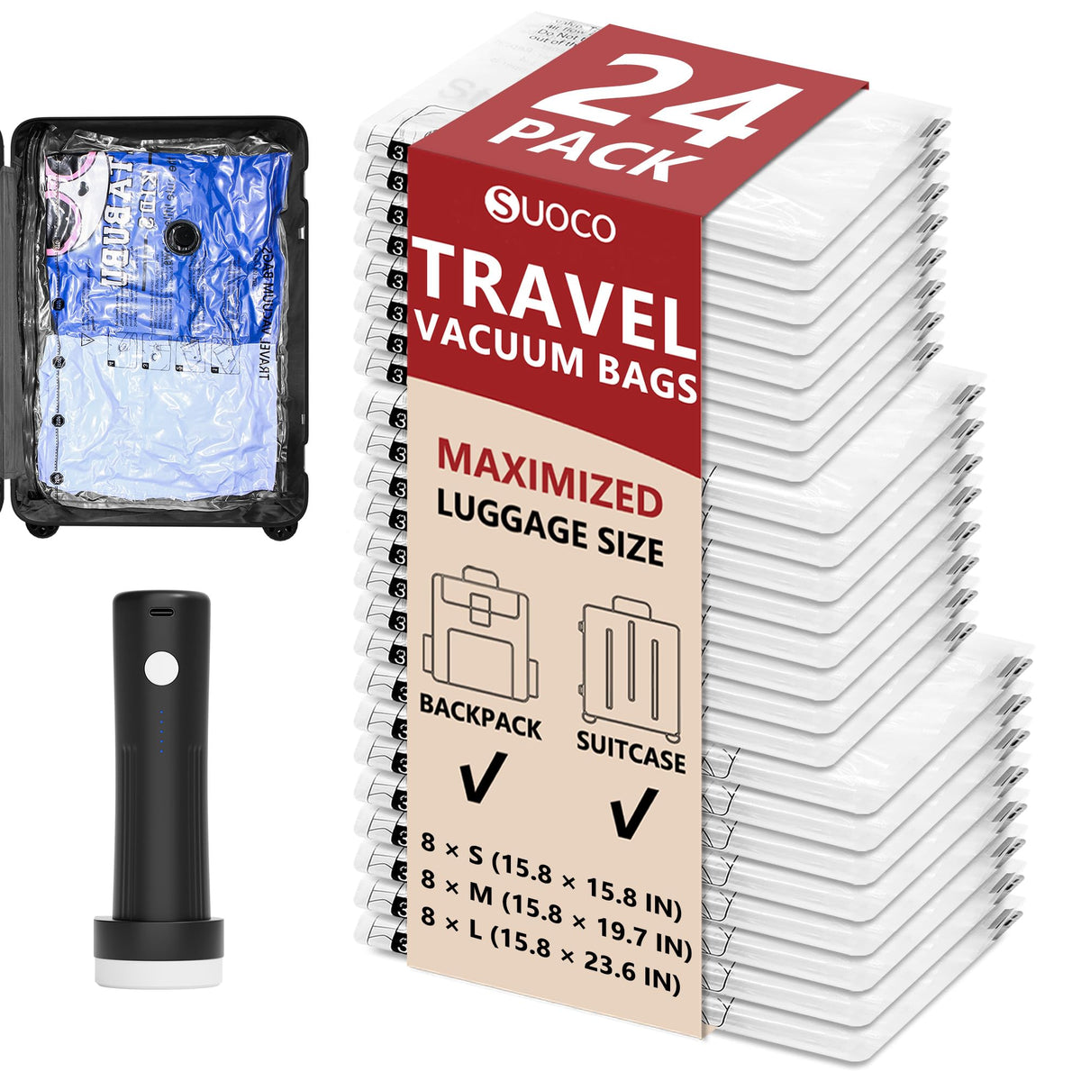 SUOCO front packaging of 24 clear travel vacuum bags showing included pump and sizes for easy identification and packing
