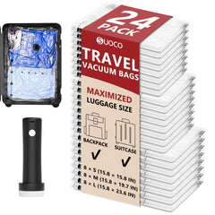 SUOCO front packaging of 24 clear travel vacuum bags showing included pump and sizes for easy identification and packing