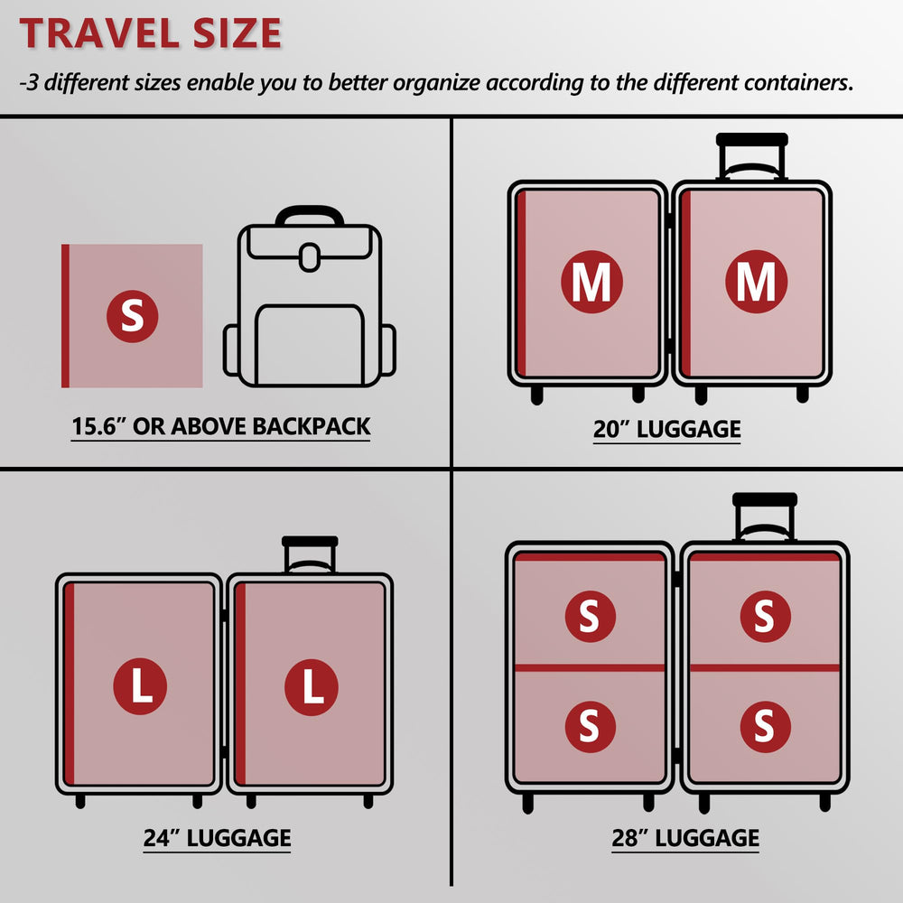SUOCO size arrangement displaying small, medium, and large bags to match backpacks and 20–28" luggage