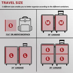 SUOCO size arrangement displaying small, medium, and large bags to match backpacks and 20–28" luggage