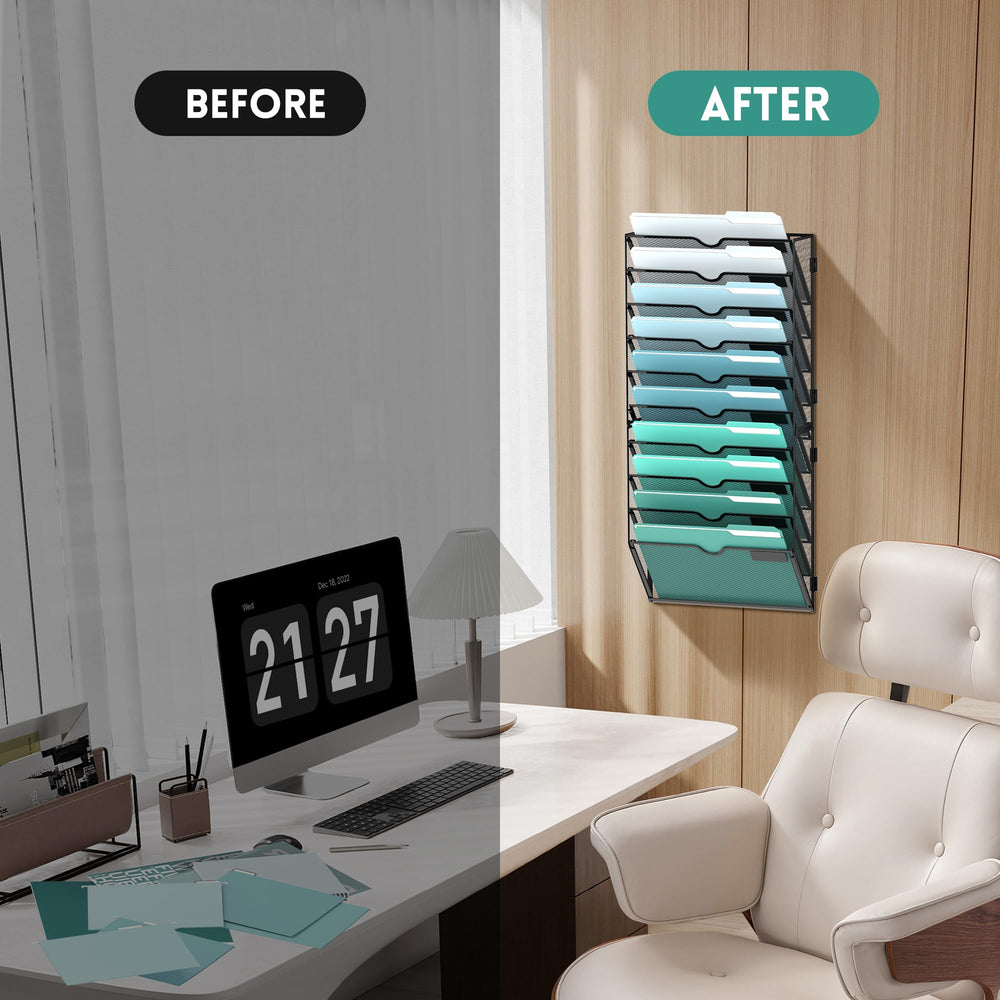 SUPEASY installed in a home office wall with folders and magazines to create tidy workspace