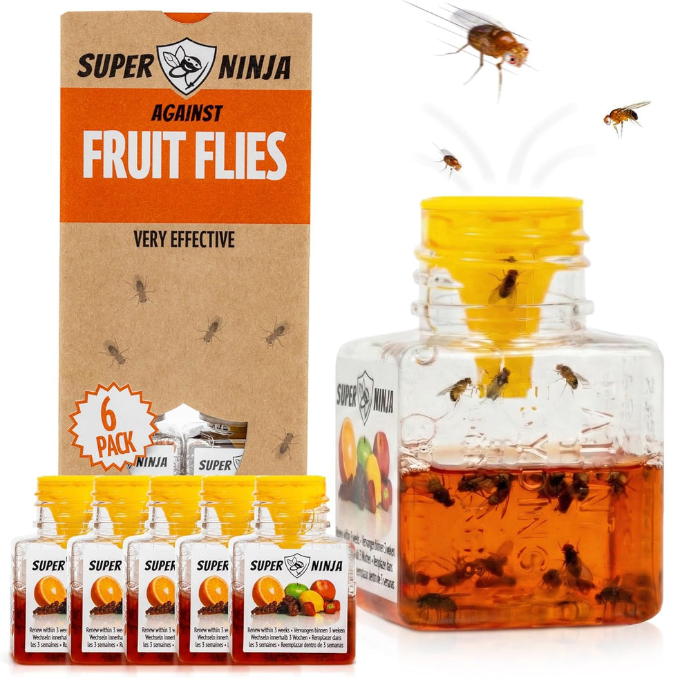 Super Ninja front packaging showing six indoor fruit fly traps and benefits
