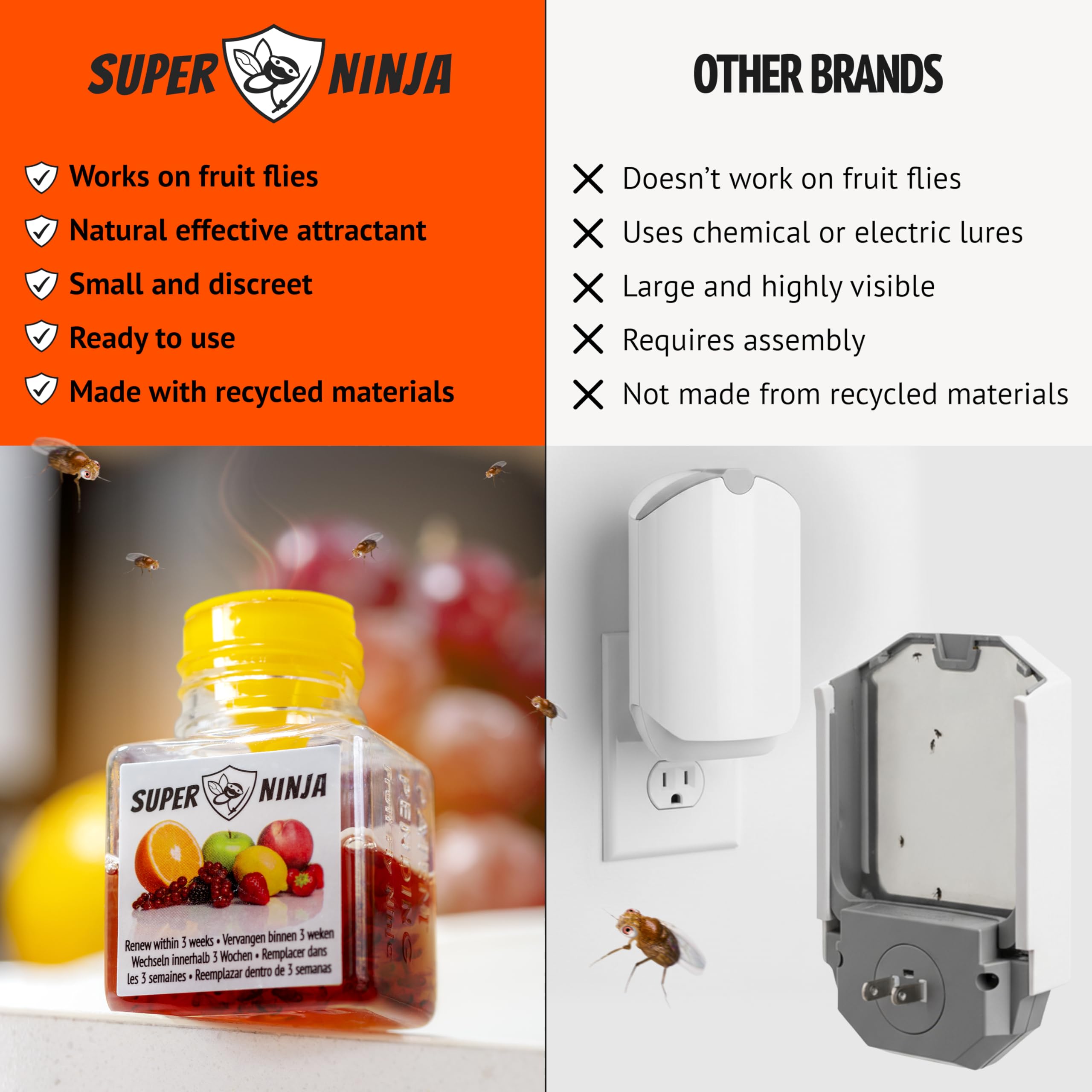 Three Super Ninja traps staged near a fruit bowl to block fly hotspots