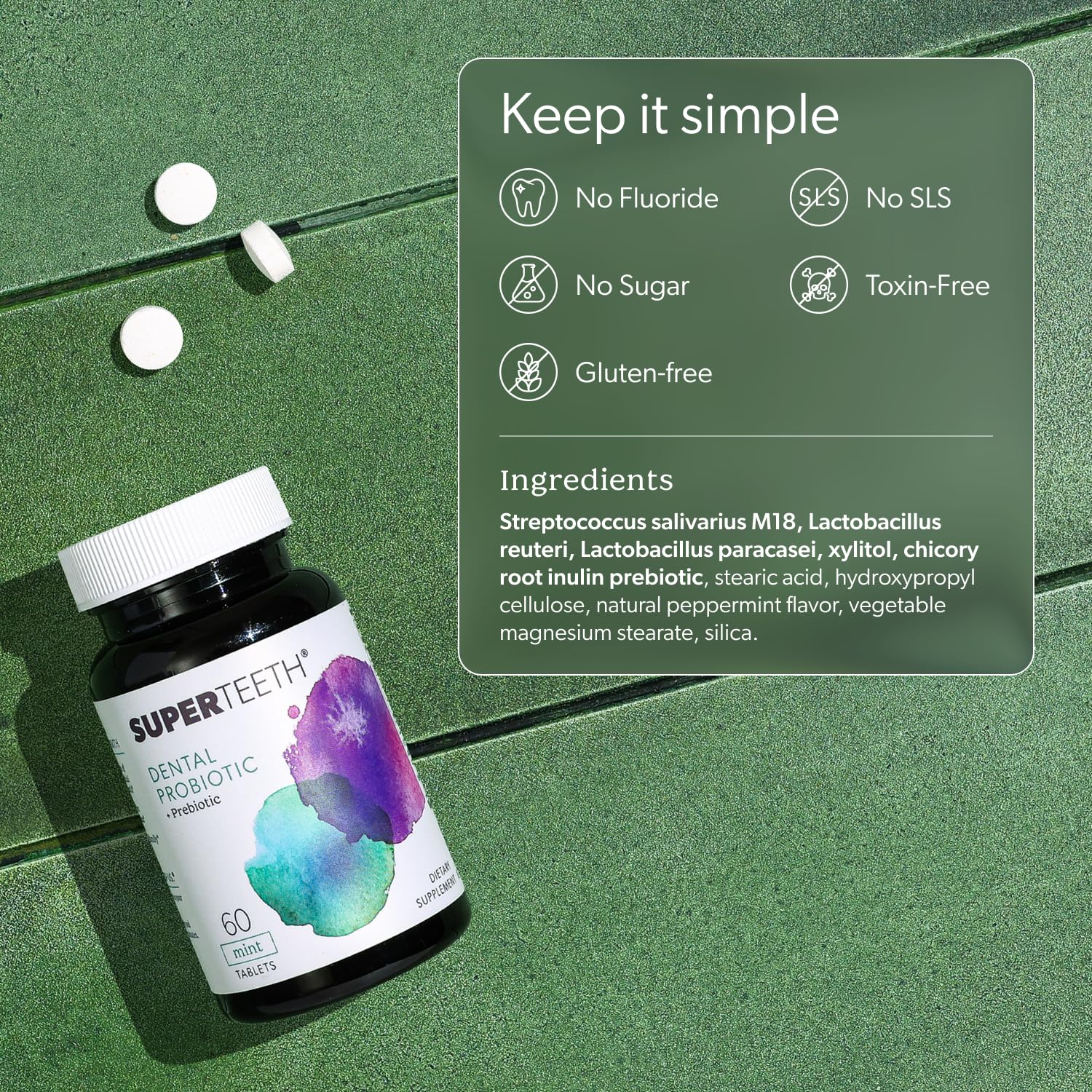 SUPER TEETH close-up of mint tablet highlighting probiotic texture and freshness