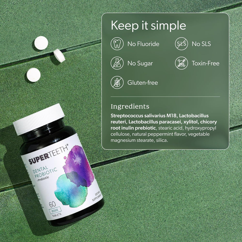 SUPER TEETH close-up of mint tablet highlighting probiotic texture and freshness