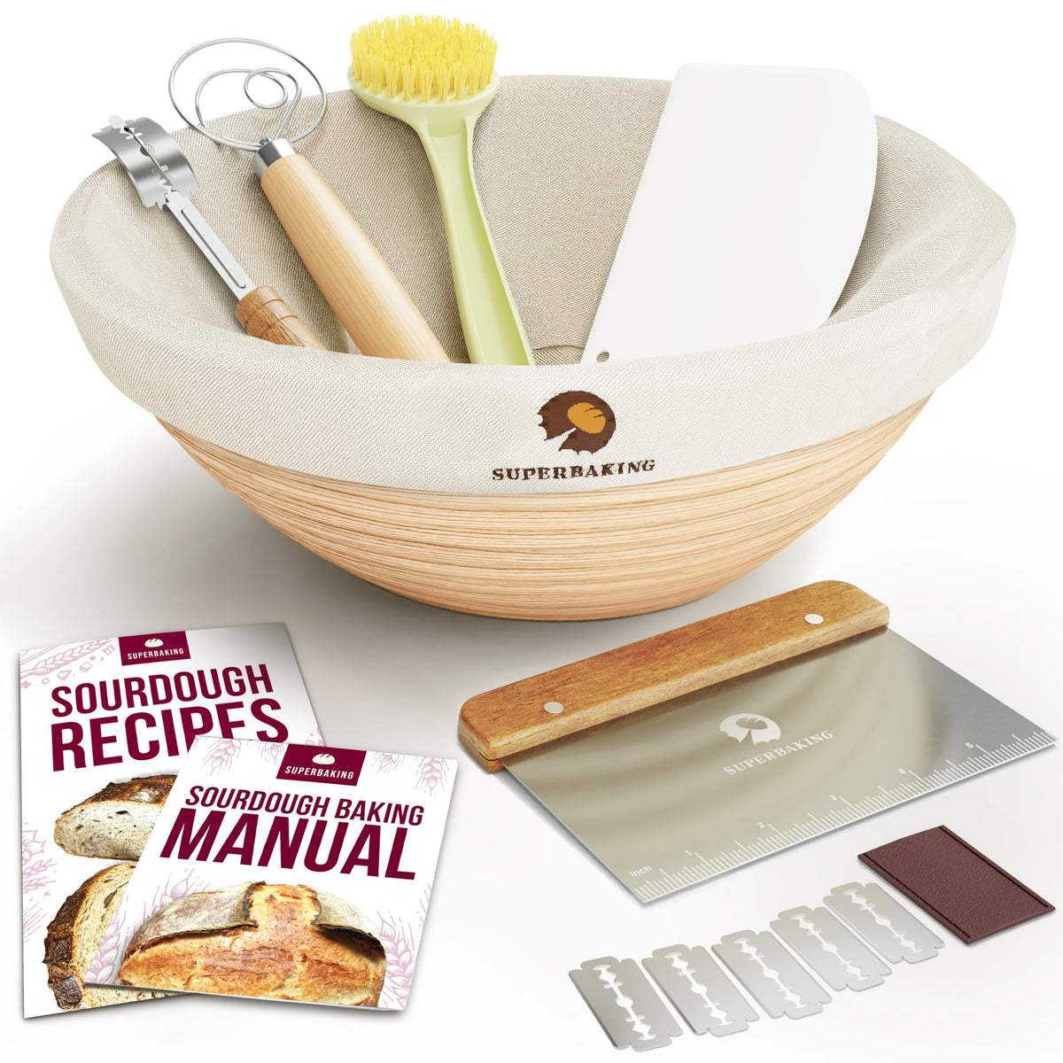 Superbaking front packaging of the 9 inch banneton kit showing complete set and gift box benefit