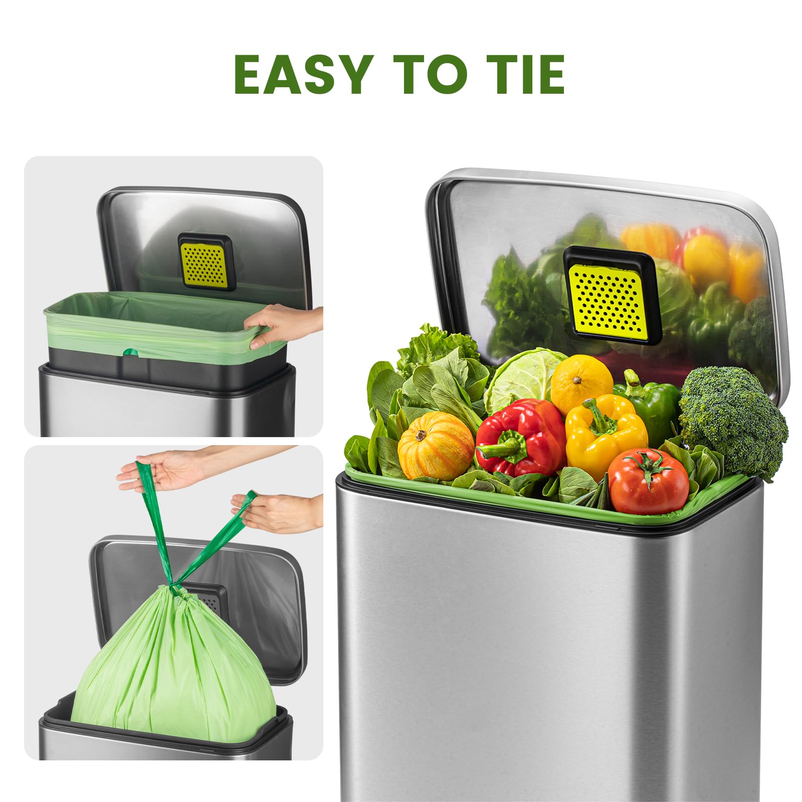 superbio bag placed in kitchen bin holding food scraps showing leak resistance benefit