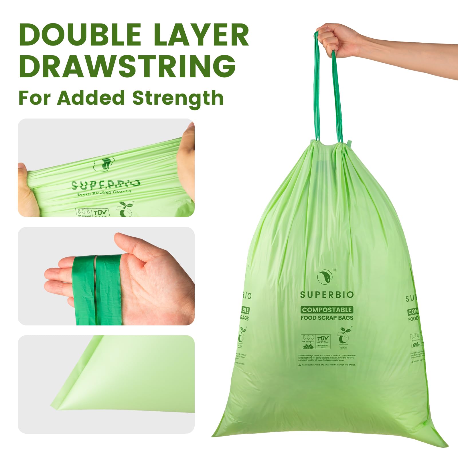 superbio drawstring detail with knot for secure closure and easy carrying benefit