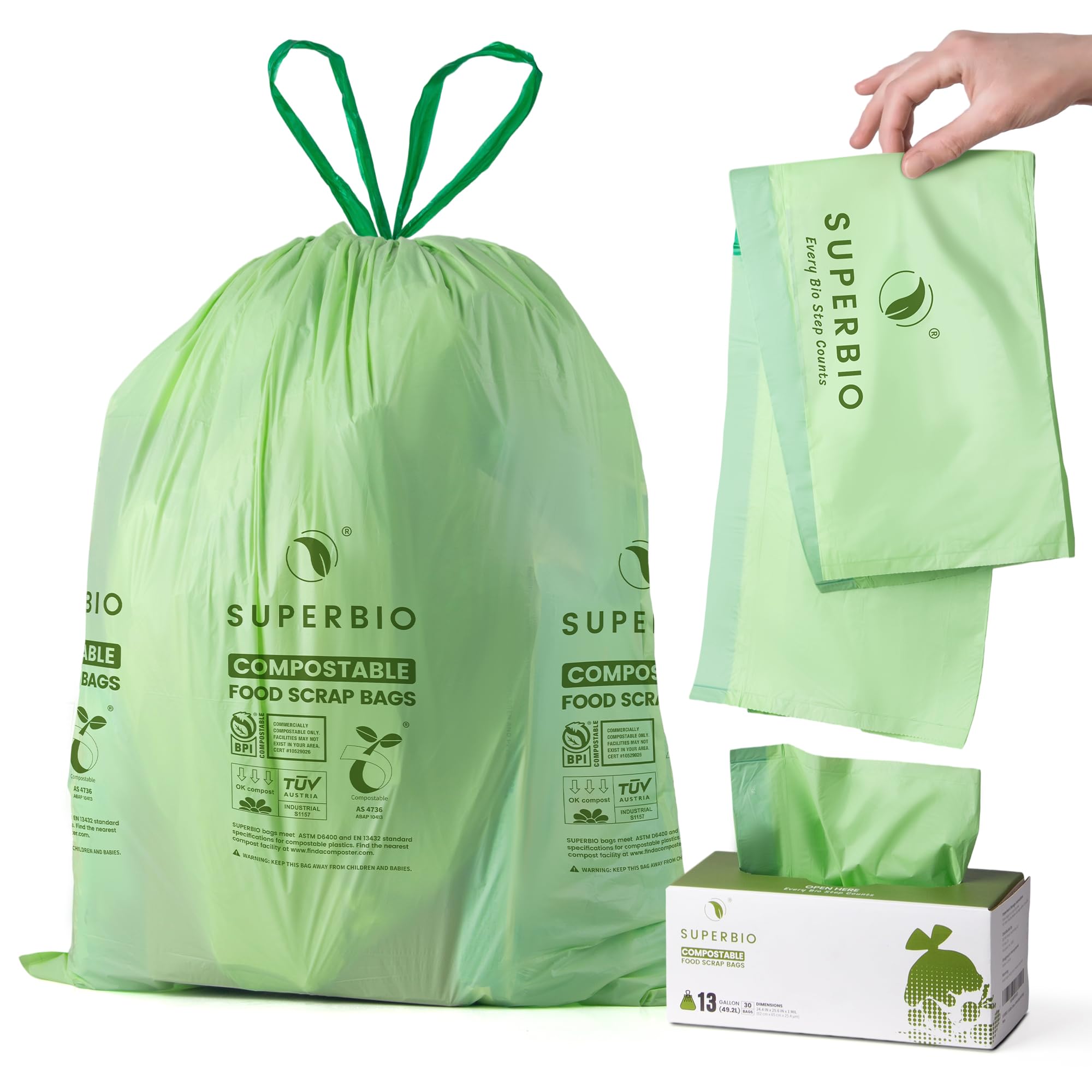 superbio front packaging showing 13 gallon bags and clear label benefit of compostability