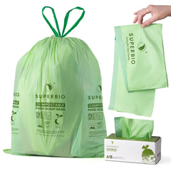 superbio front packaging showing 13 gallon bags and clear label benefit of compostability