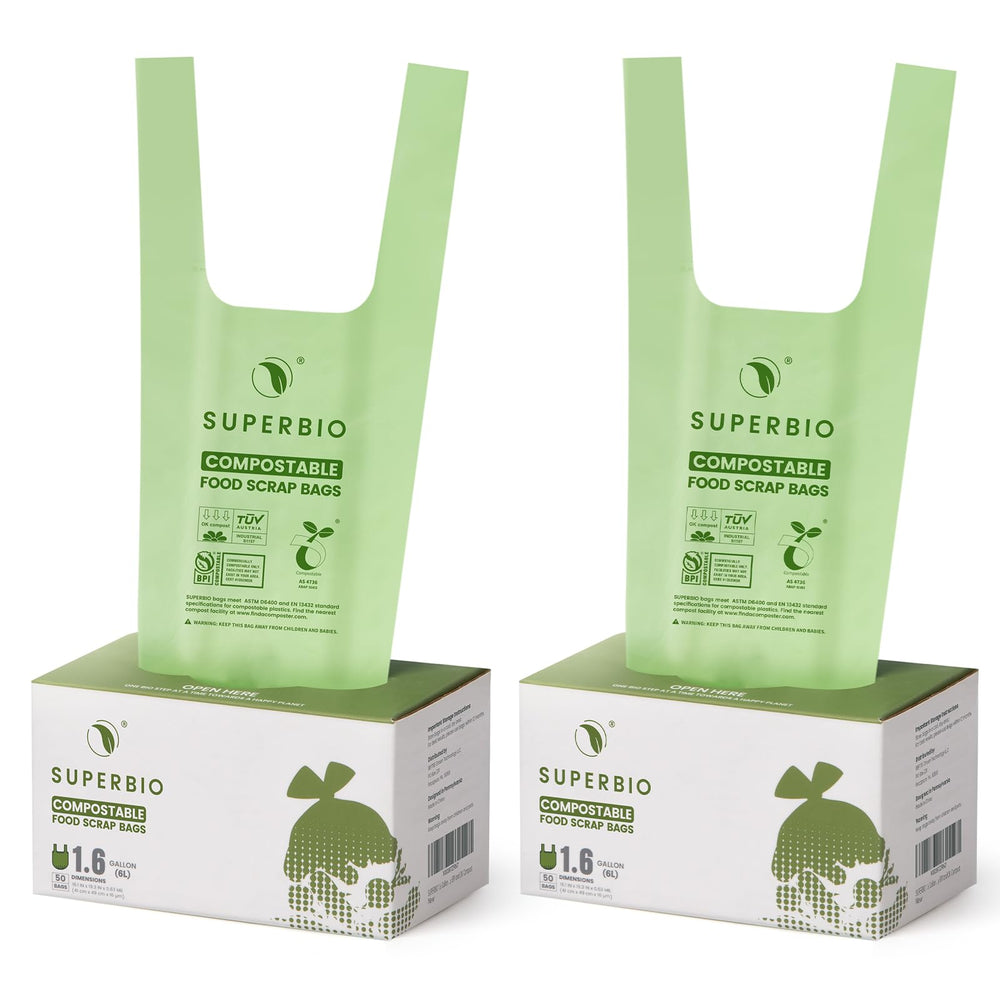 superbio front packaging showing certified compostable labels and product count benefits