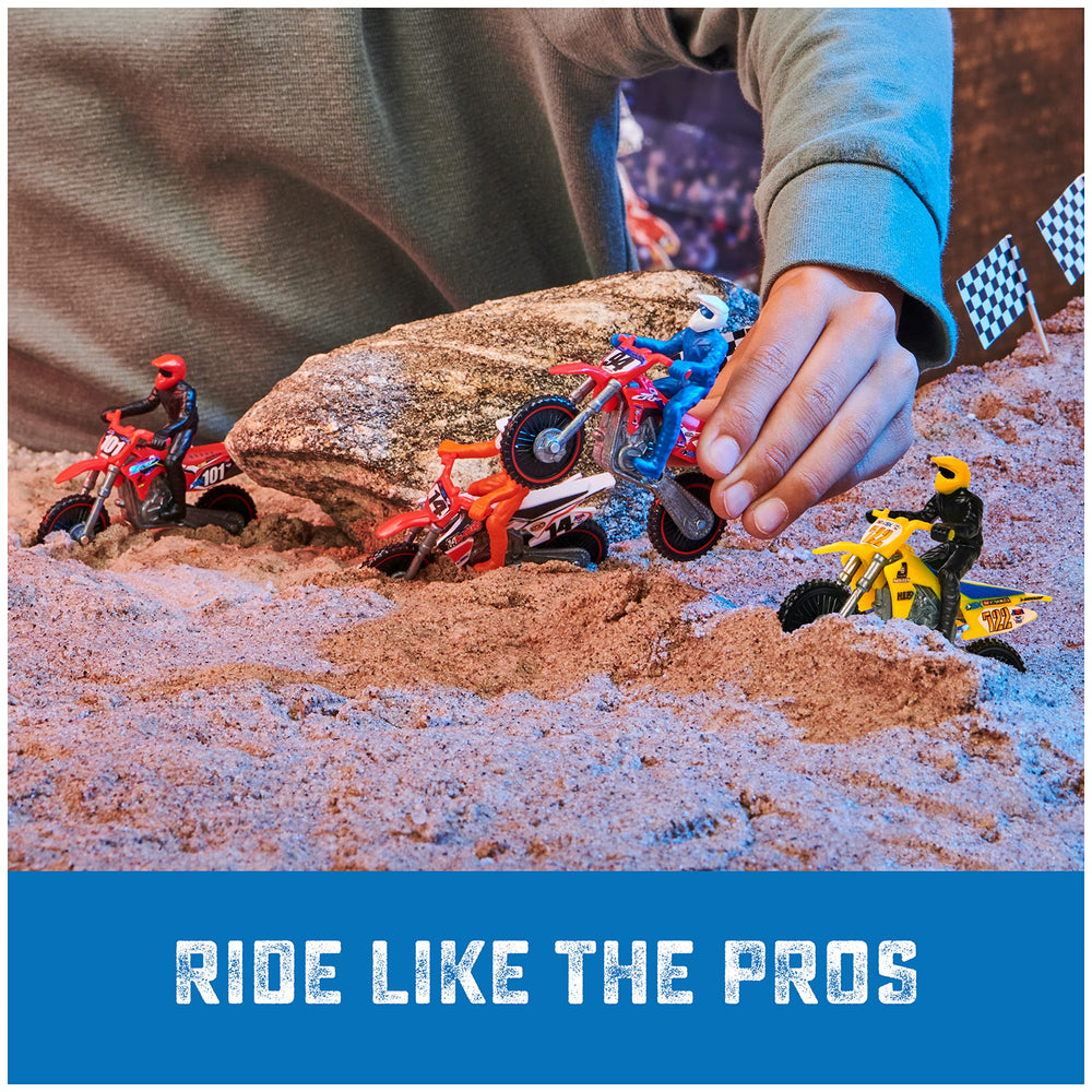 Supercross wheel action captured mid‑roll to demonstrate stunt and play potential