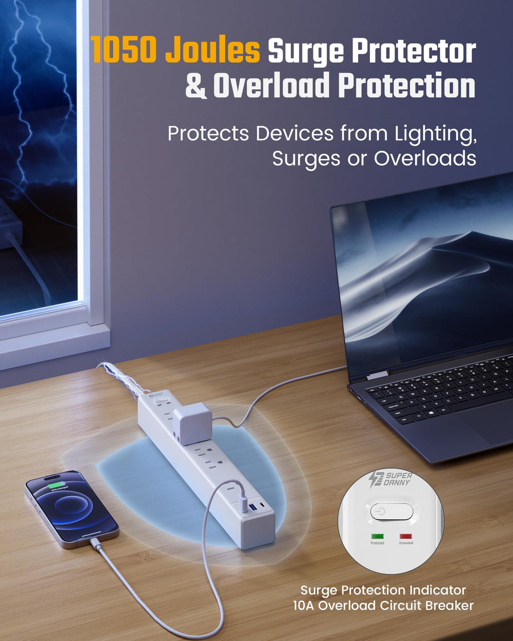 SUPERDANNY power strip with cord extended to show the 6ft reach and scale in hand