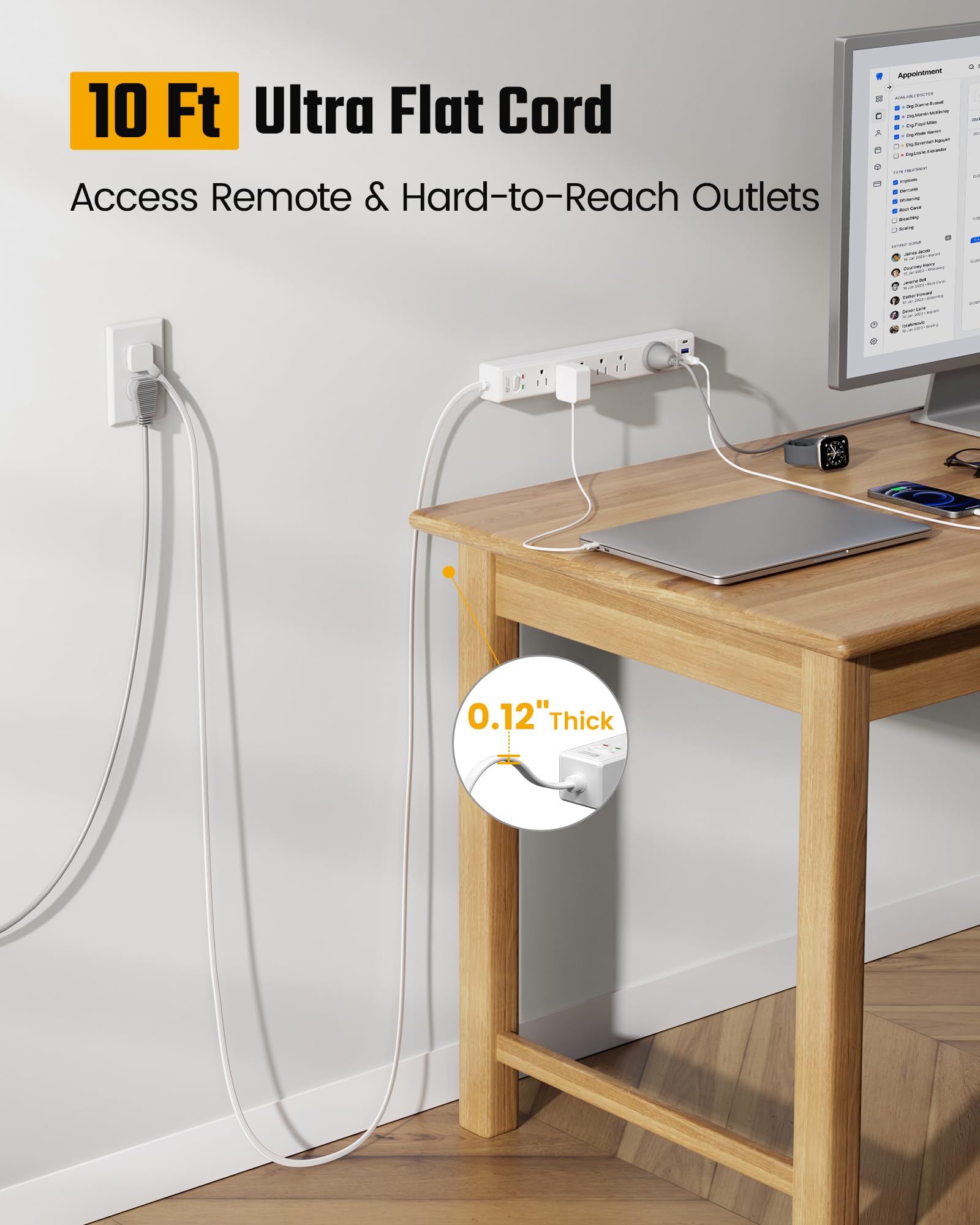 SUPERDANNY flat plug close-up tucked behind furniture to save space