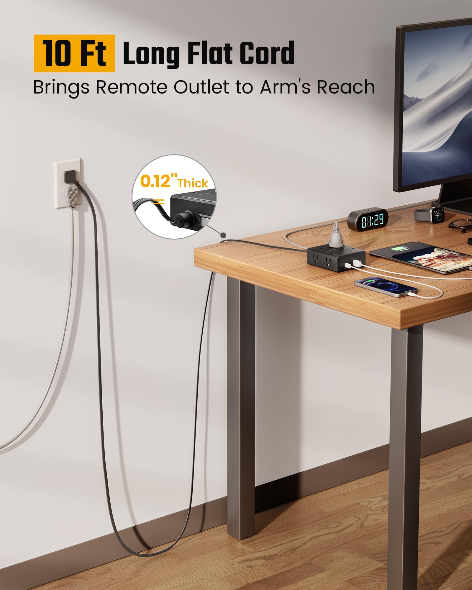 SUPERDANNY flat plug close-up illustrating slim 0.3-inch profile for space saving