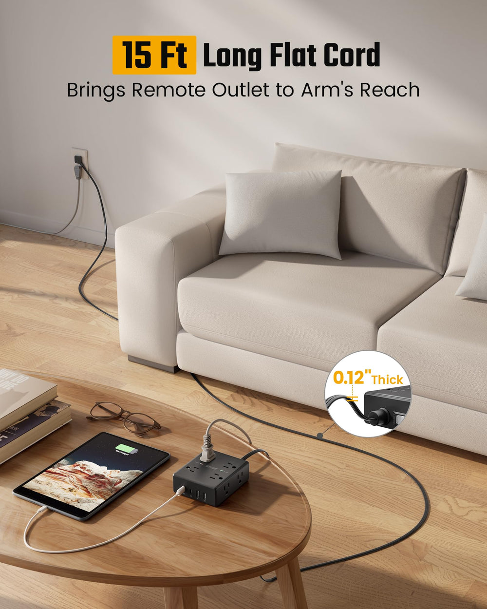 SUPERDANNY flat plug close-up fitting flush against wall to save space behind furniture