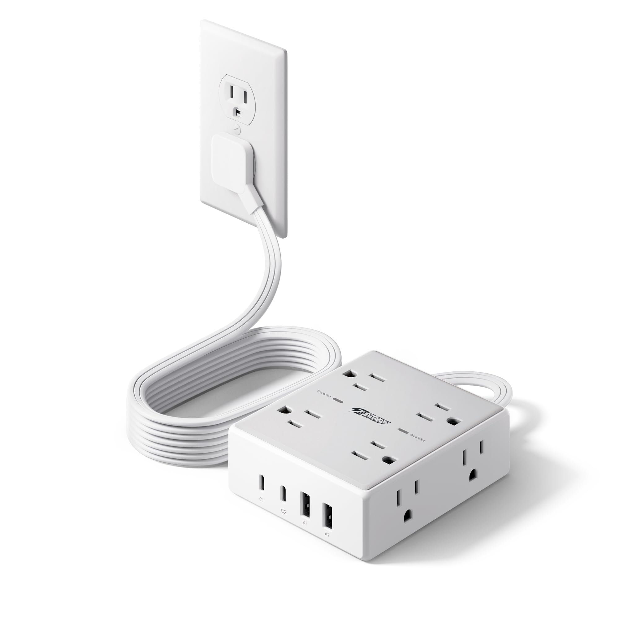 SUPERDANNY front view showing eight AC outlets and four USB ports for versatile charging