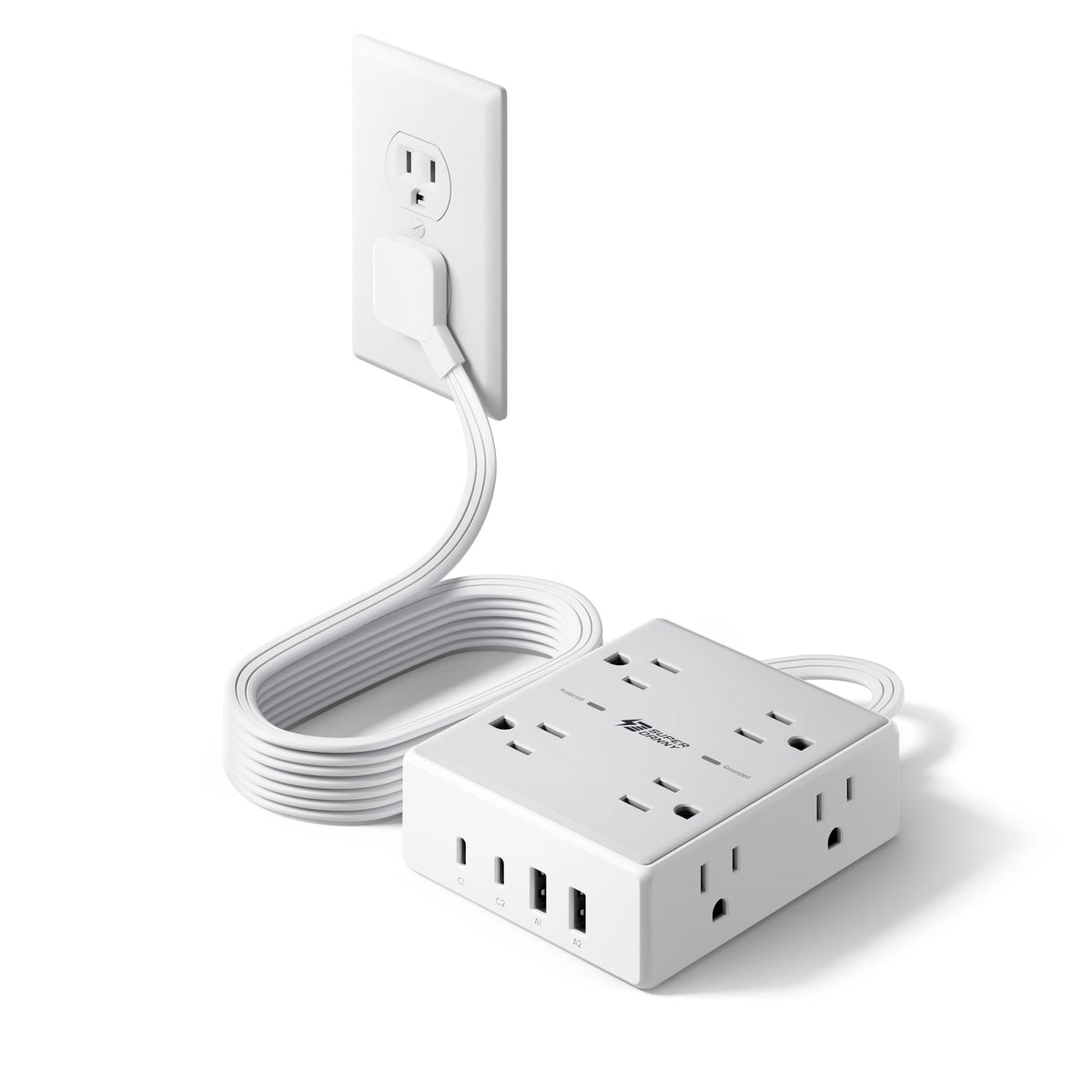 SUPERDANNY front view showing eight AC outlets and four USB ports for versatile charging