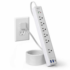SUPERDANNY front view of power strip showing six outlets and USB ports for versatile charging