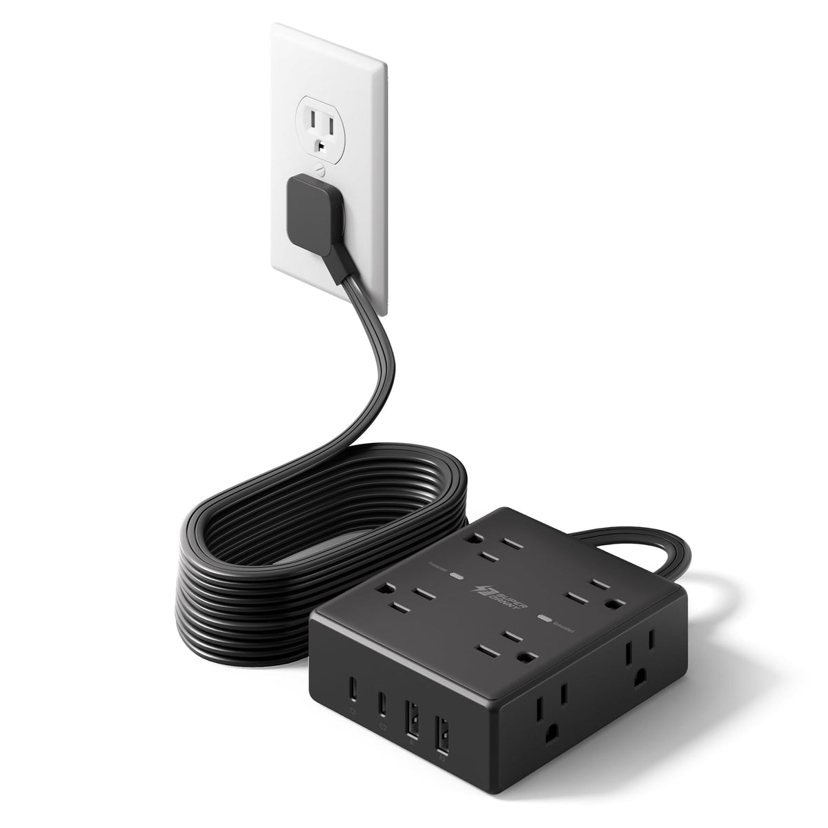 SUPERDANNY front view of power strip showing multiple outlets and USB ports for versatile charging