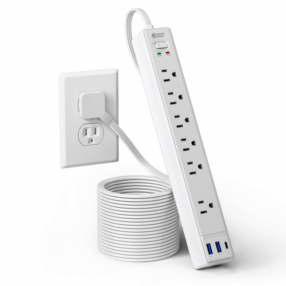 SUPERDANNY front view of power strip showing six outlets and ports for organized charging