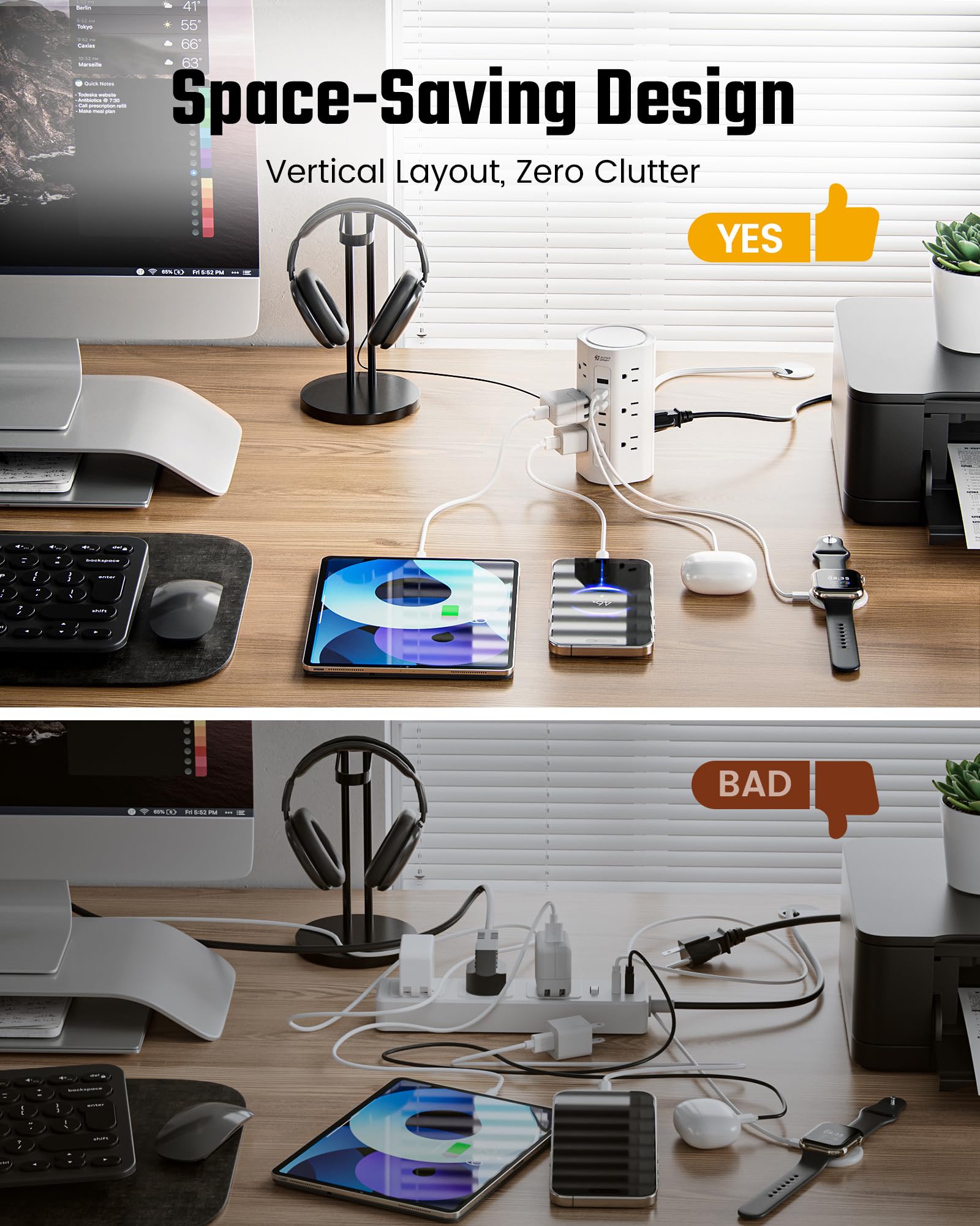 SUPERDANNY in-use on a home desk powering laptop, lamp, and phone for organization