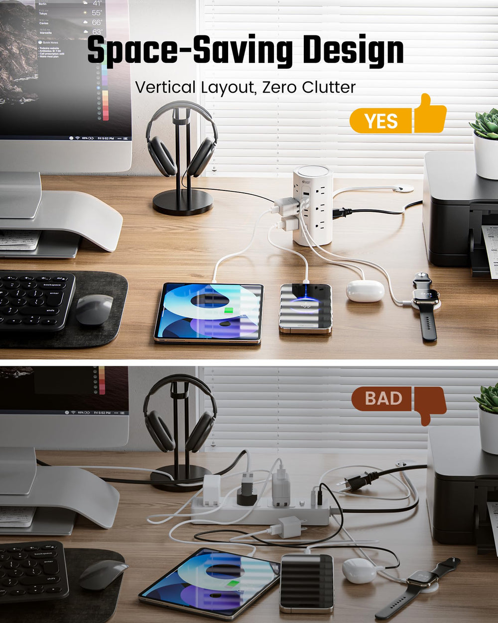 SUPERDANNY in-use on a home desk powering laptop, lamp, and phone for organization