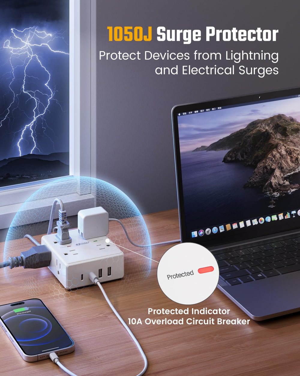 SUPERDANNY power strip powering devices in a living room to reduce clutter and charge multiple items