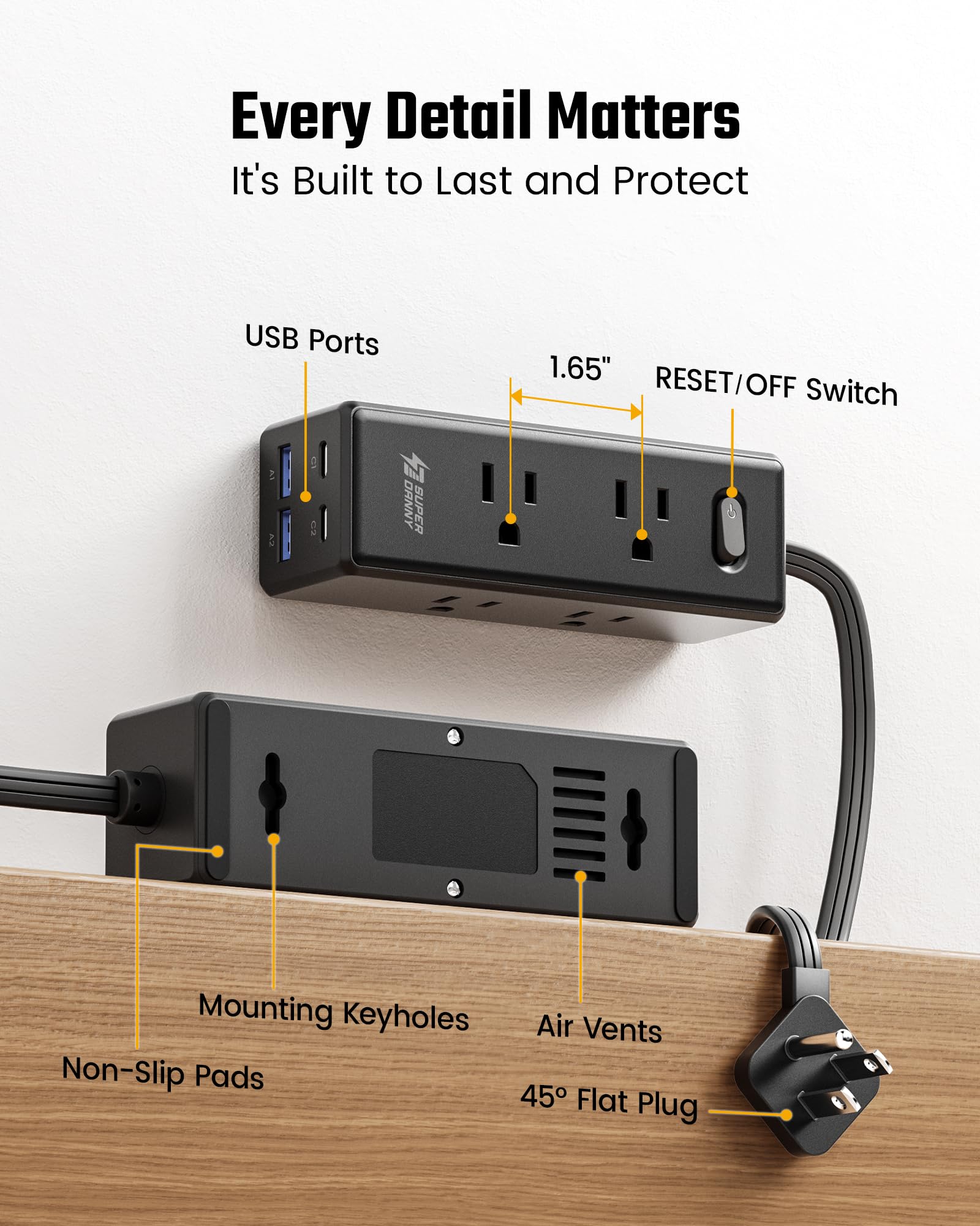 SUPERDANNY label and specs close-up highlighting surge and overload protections